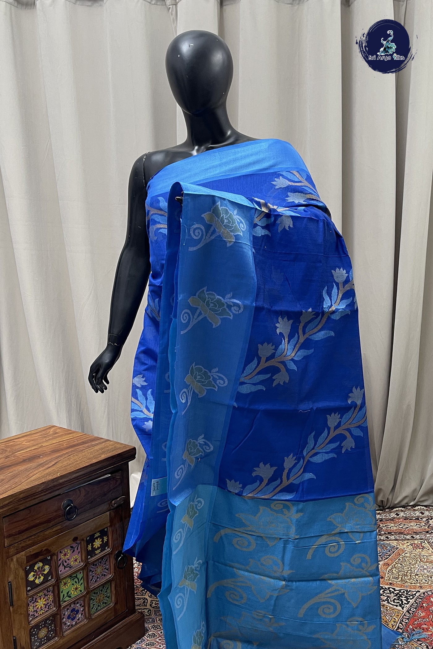 Dark Blue Cotton Saree With Ikat Pattern