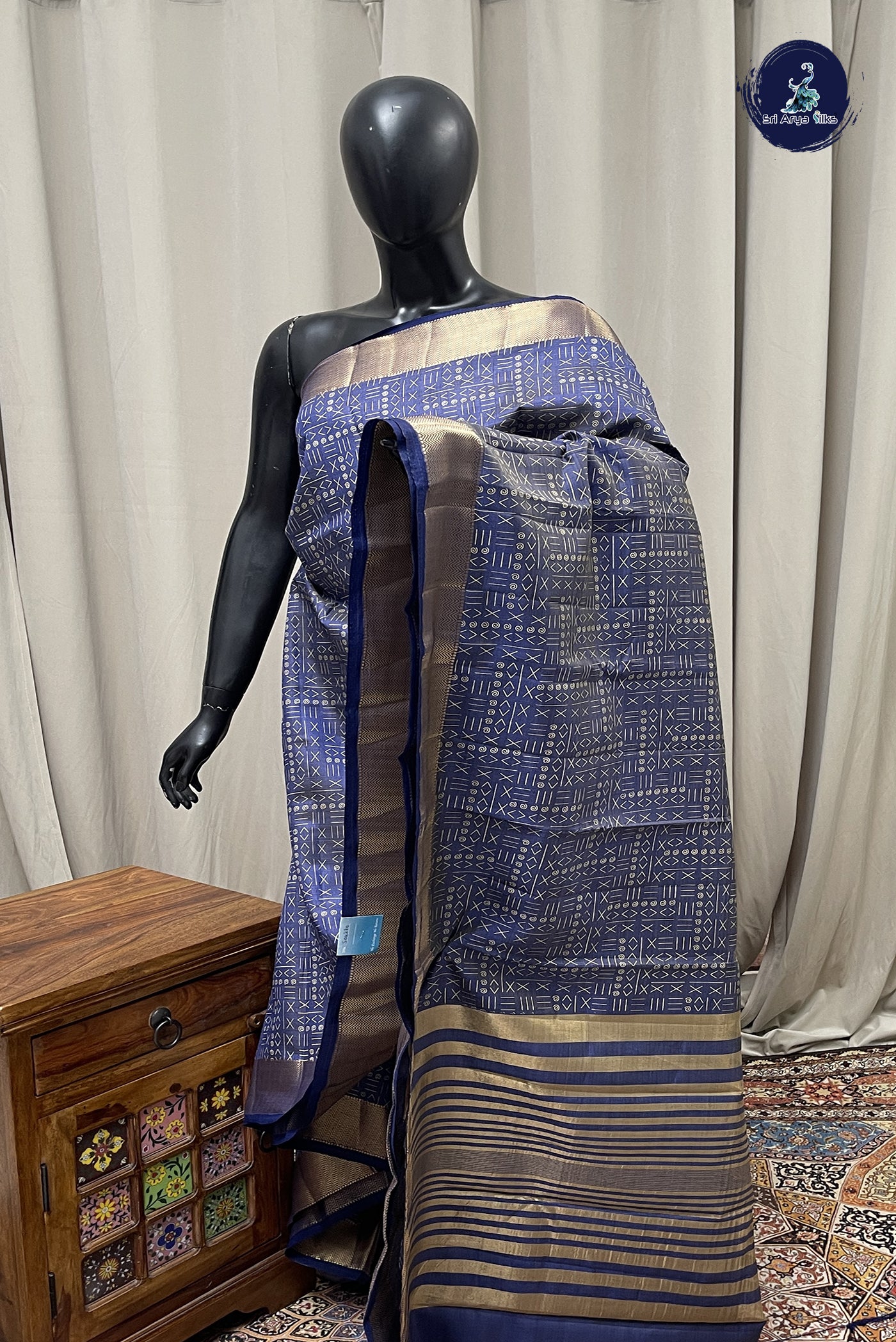 Greyish Blue Semi Tussar Saree With Printed Pattern