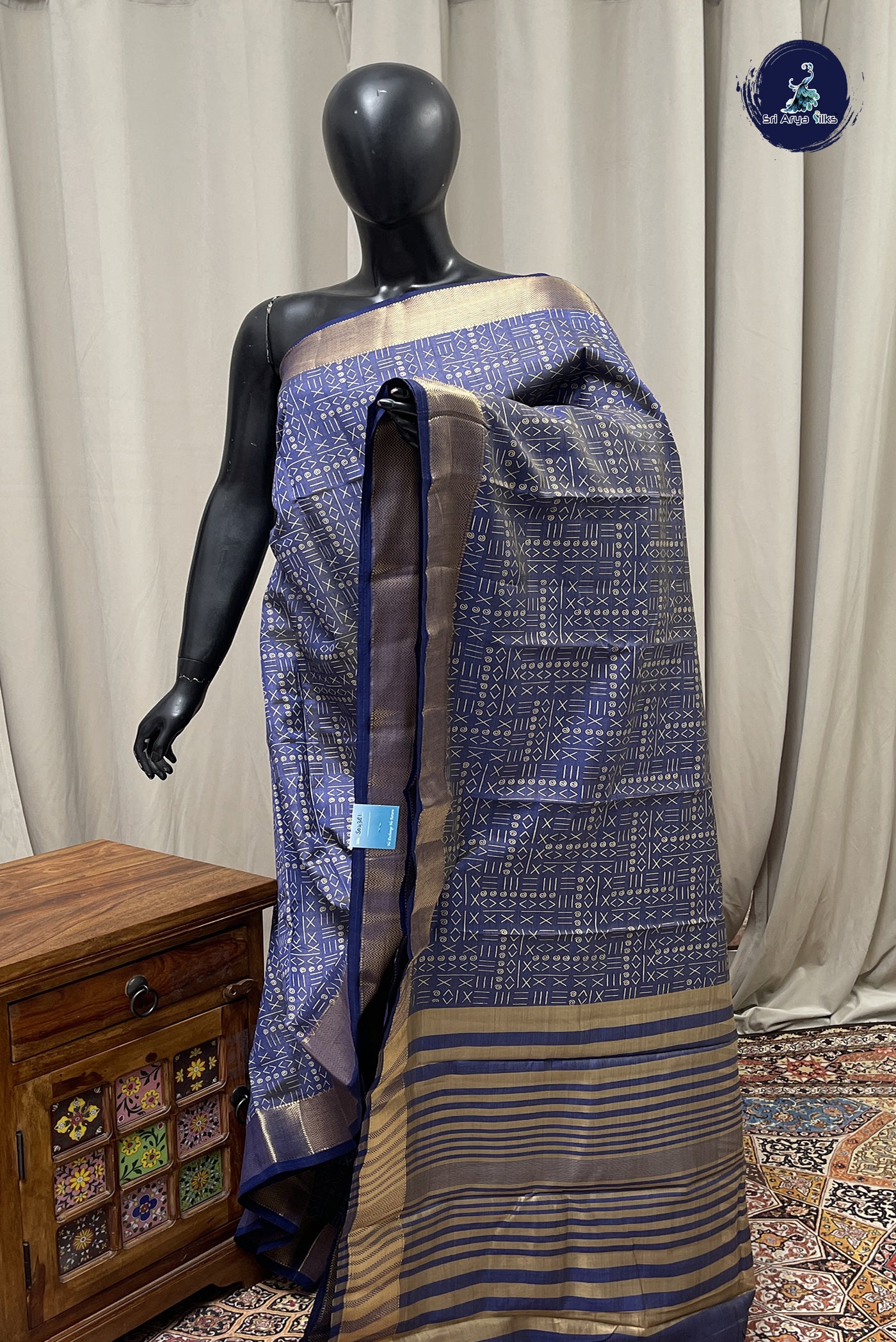Greyish Blue Semi Tussar Saree With Printed Pattern