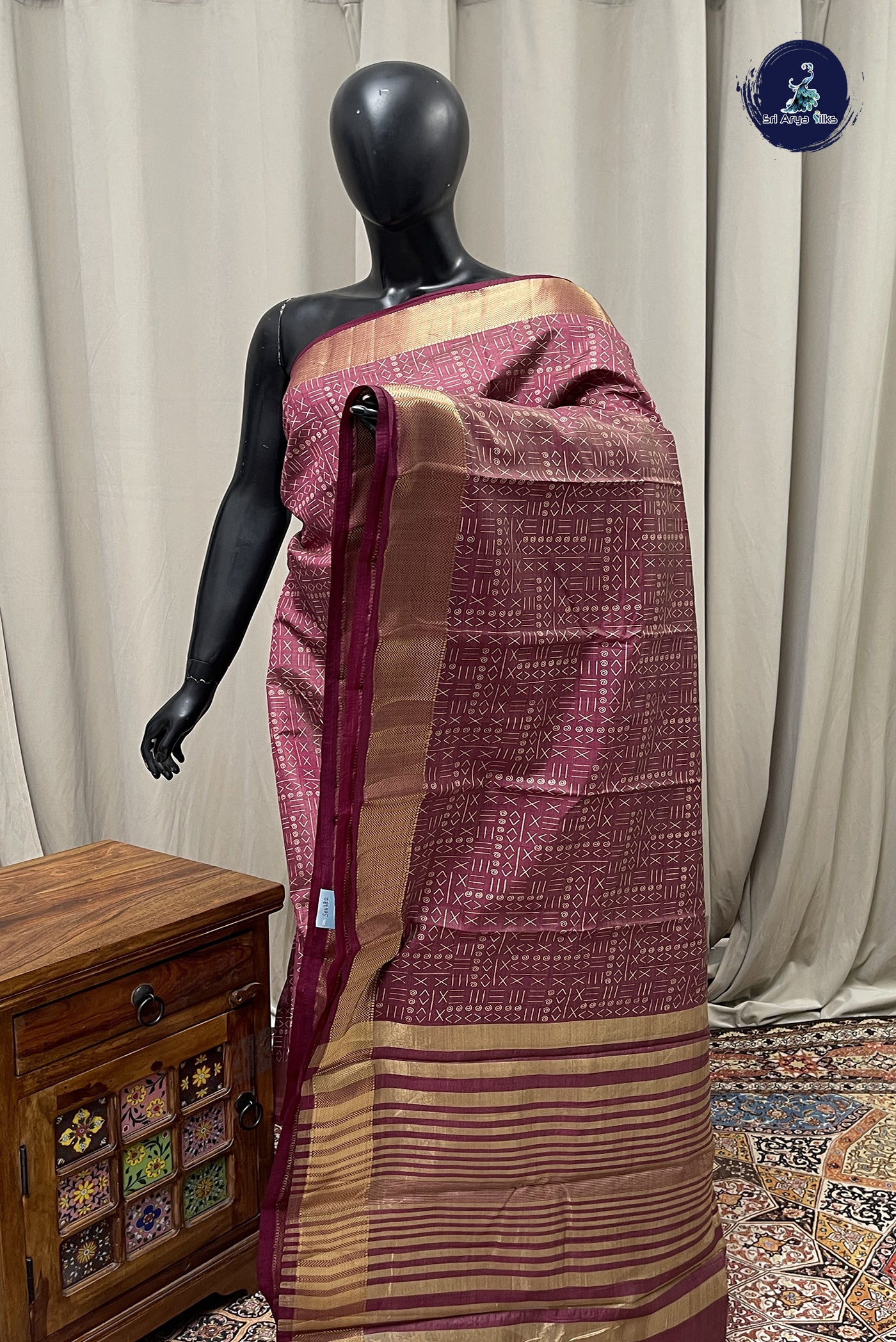 Burgundy Semi Tussar Saree With Printed Pattern