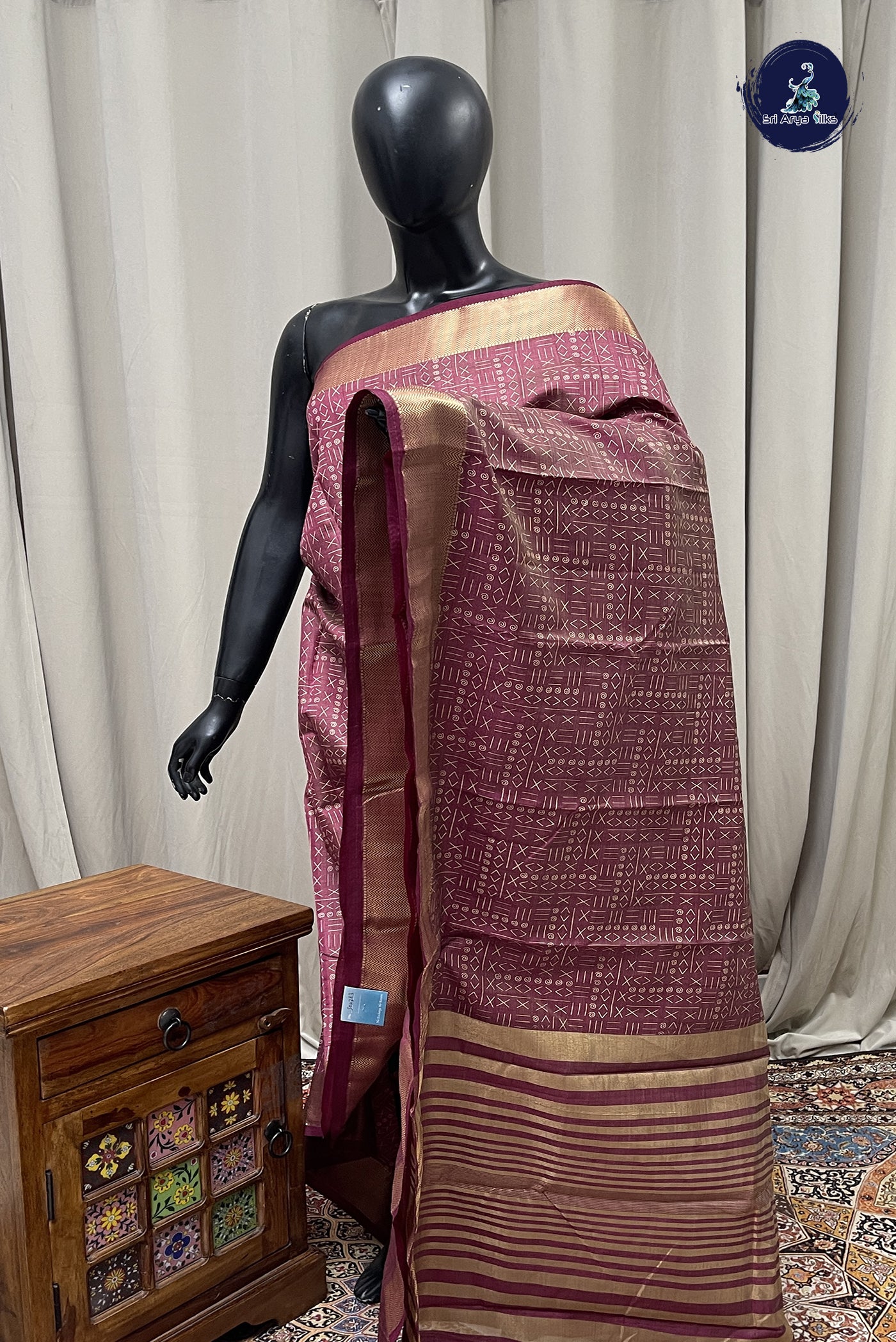 Burgundy Semi Tussar Saree With Printed Pattern