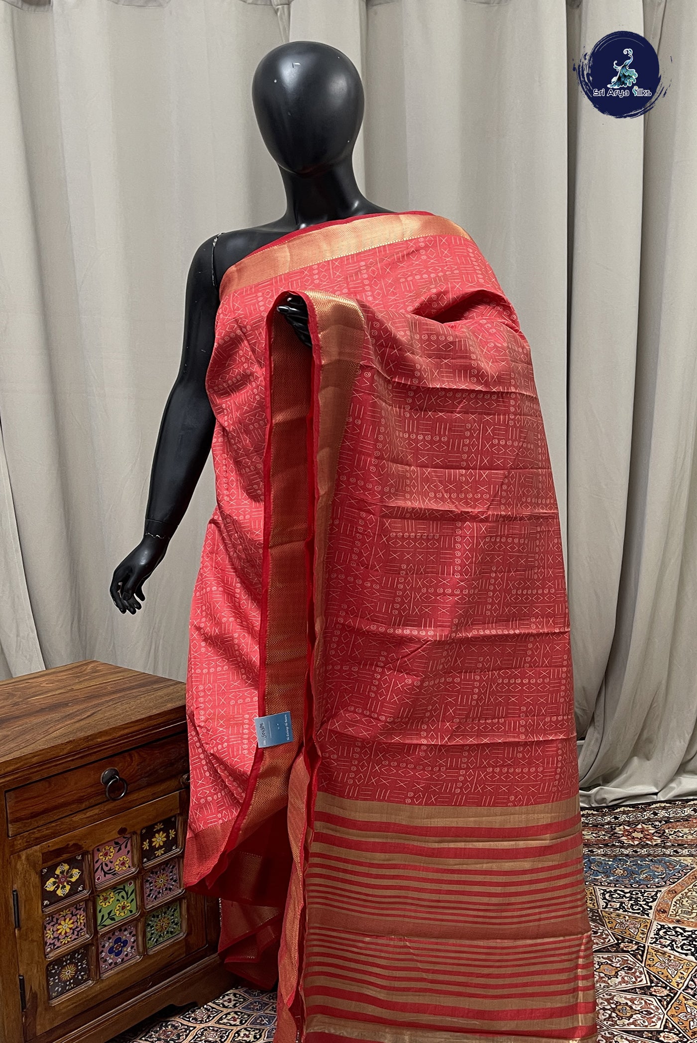 Red Semi Tussar Saree With Printed Pattern