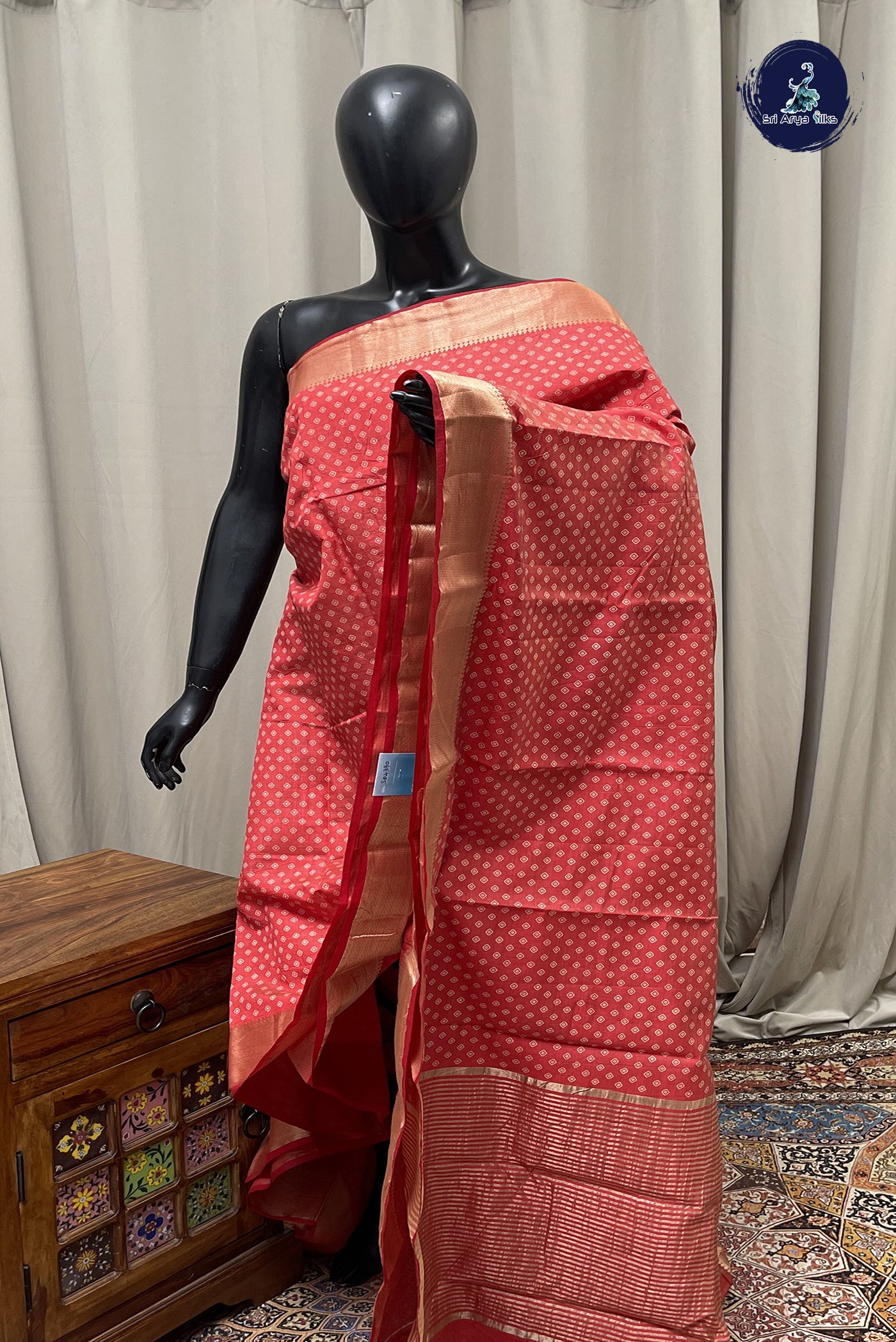 Red Semi Tussar Saree With Printed Pattern