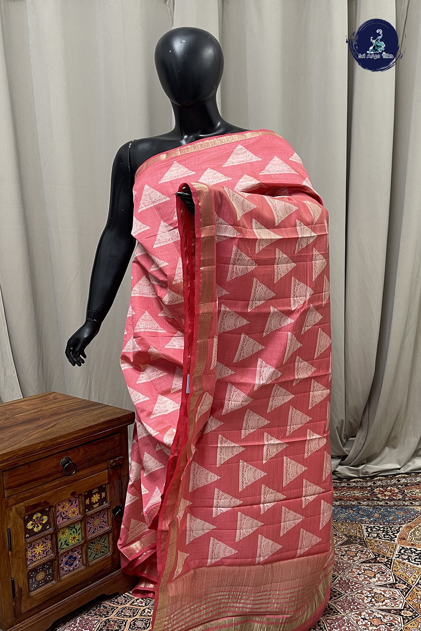 Peach Pink Semi Tussar Saree With Printed Pattern