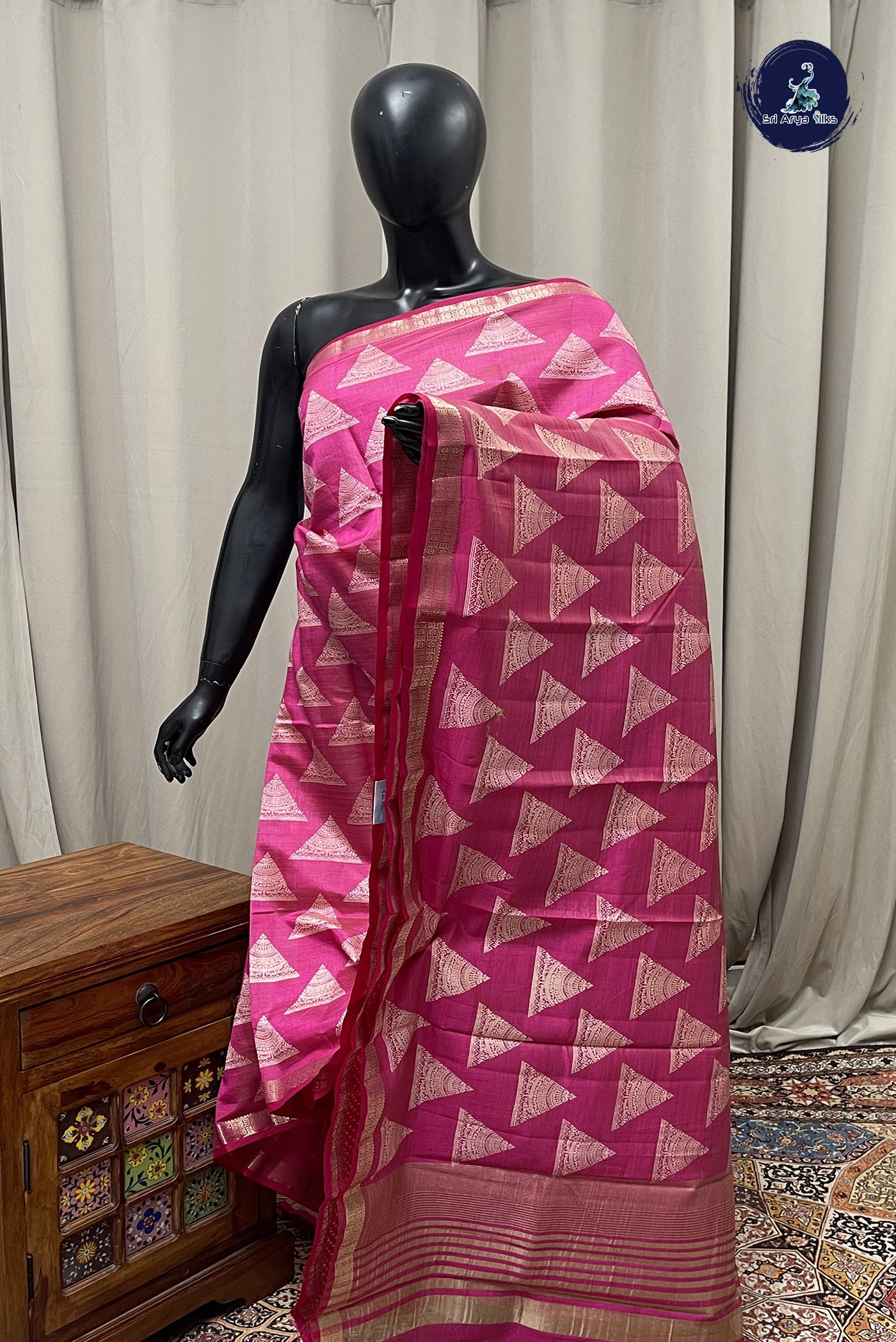 Dark Pink Semi Tussar Saree With Printed Pattern