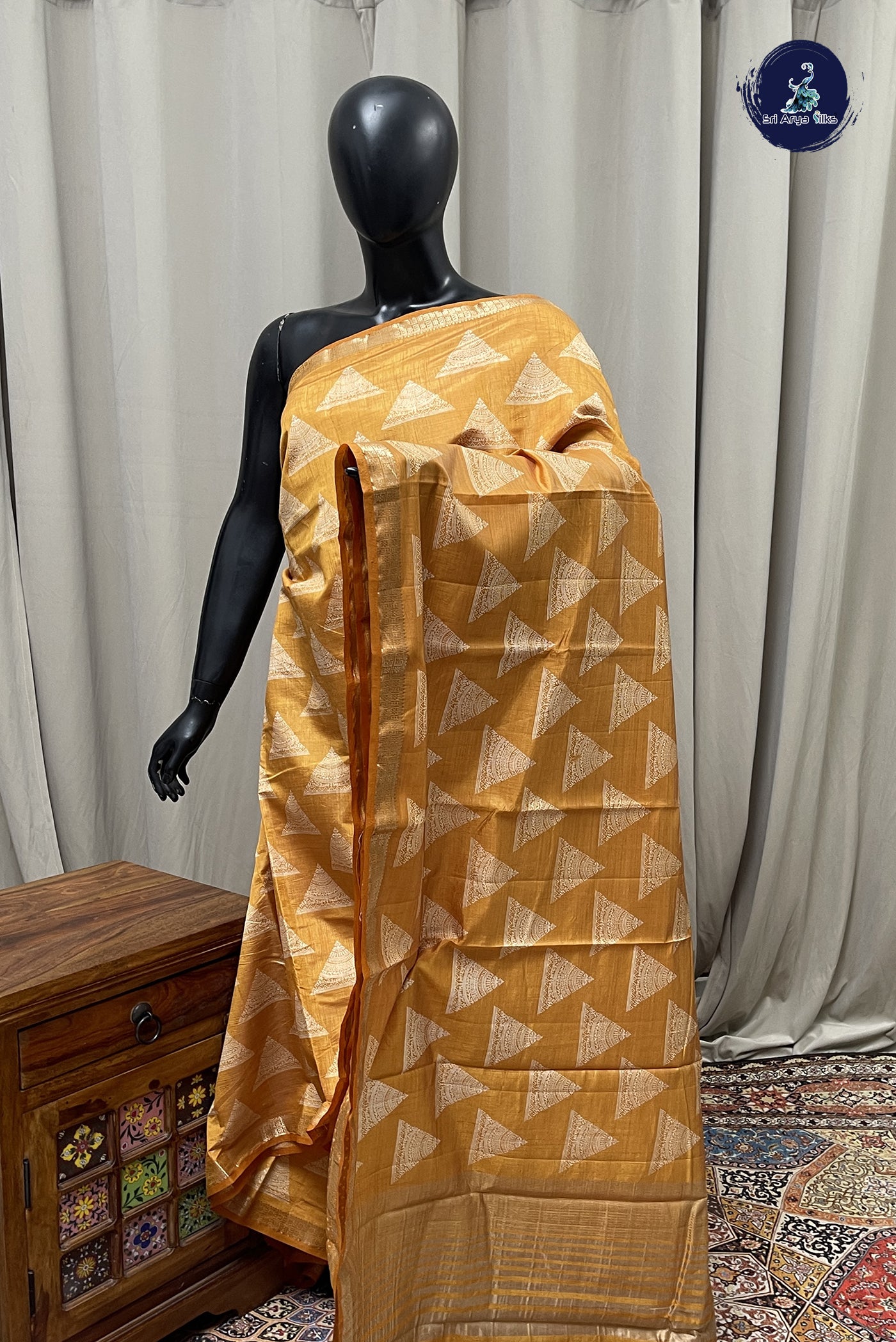 Mustard Yellow Semi Tussar Saree With Printed Pattern