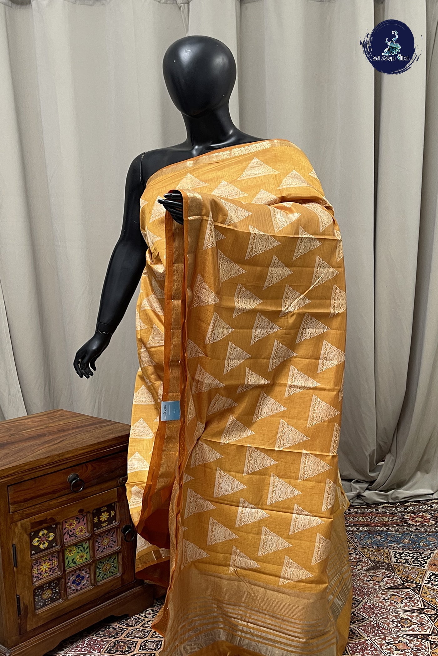 Mustard Yellow Semi Tussar Saree With Printed Pattern