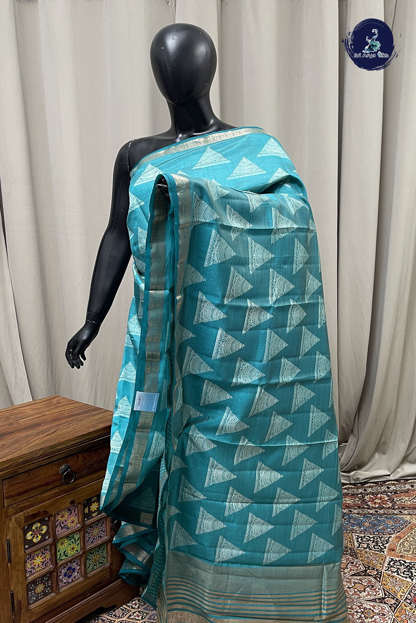 Turquoise Semi Tussar Saree With Printed Pattern