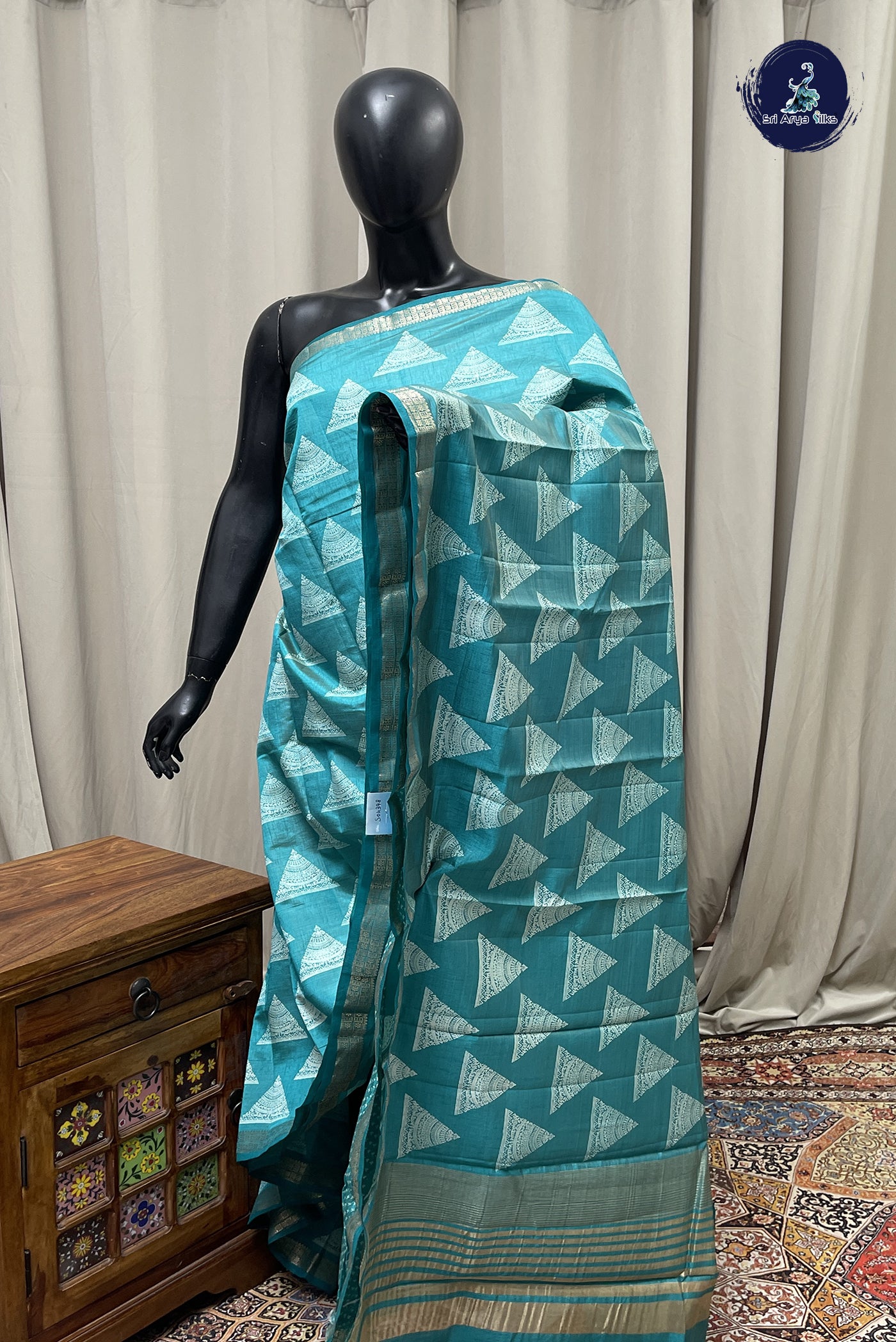 Turquoise Semi Tussar Saree With Printed Pattern
