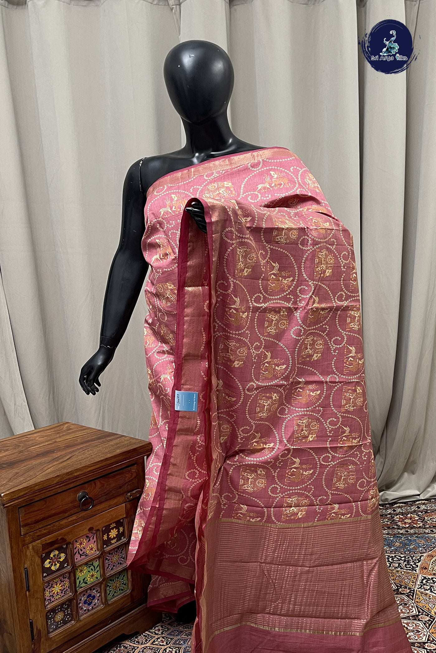 Caramel Pink Semi Tussar Saree With Printed Pattern
