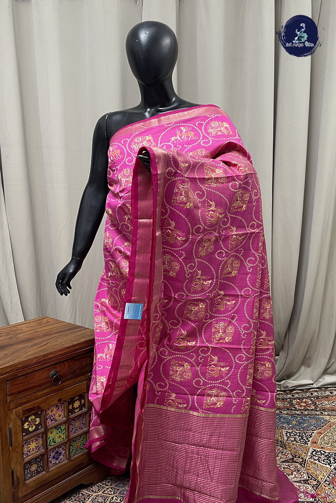 Pink Semi Tussar Saree With Printed Pattern