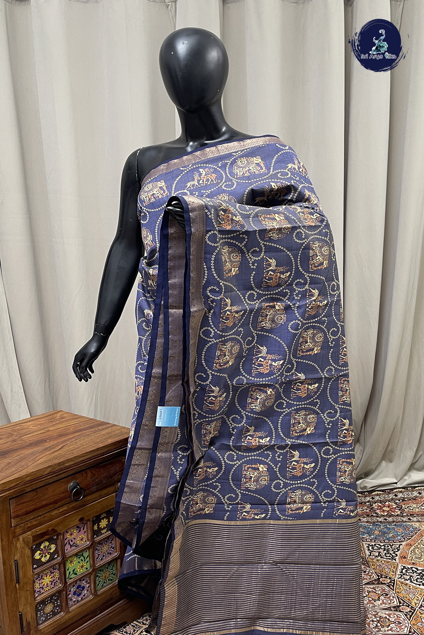 Greyish Blue Semi Tussar Saree With Printed Pattern
