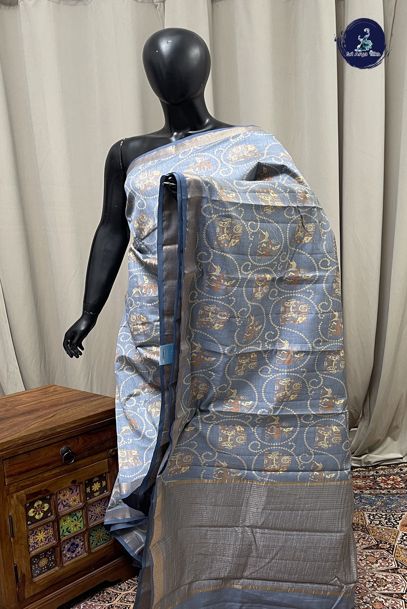 Grey Semi Tussar Saree With Printed Pattern