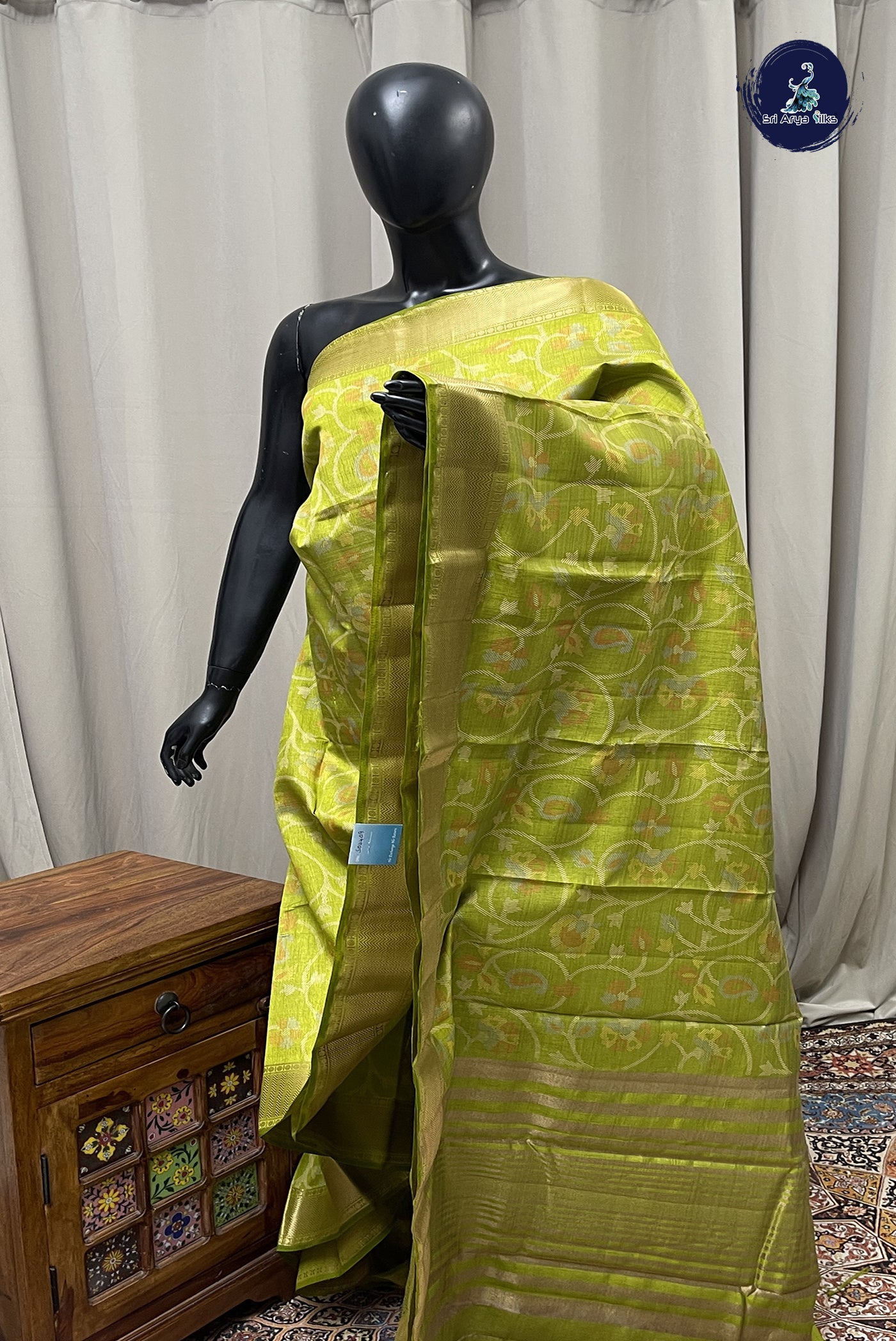 Lime Green Semi Tussar Saree With Printed Pattern