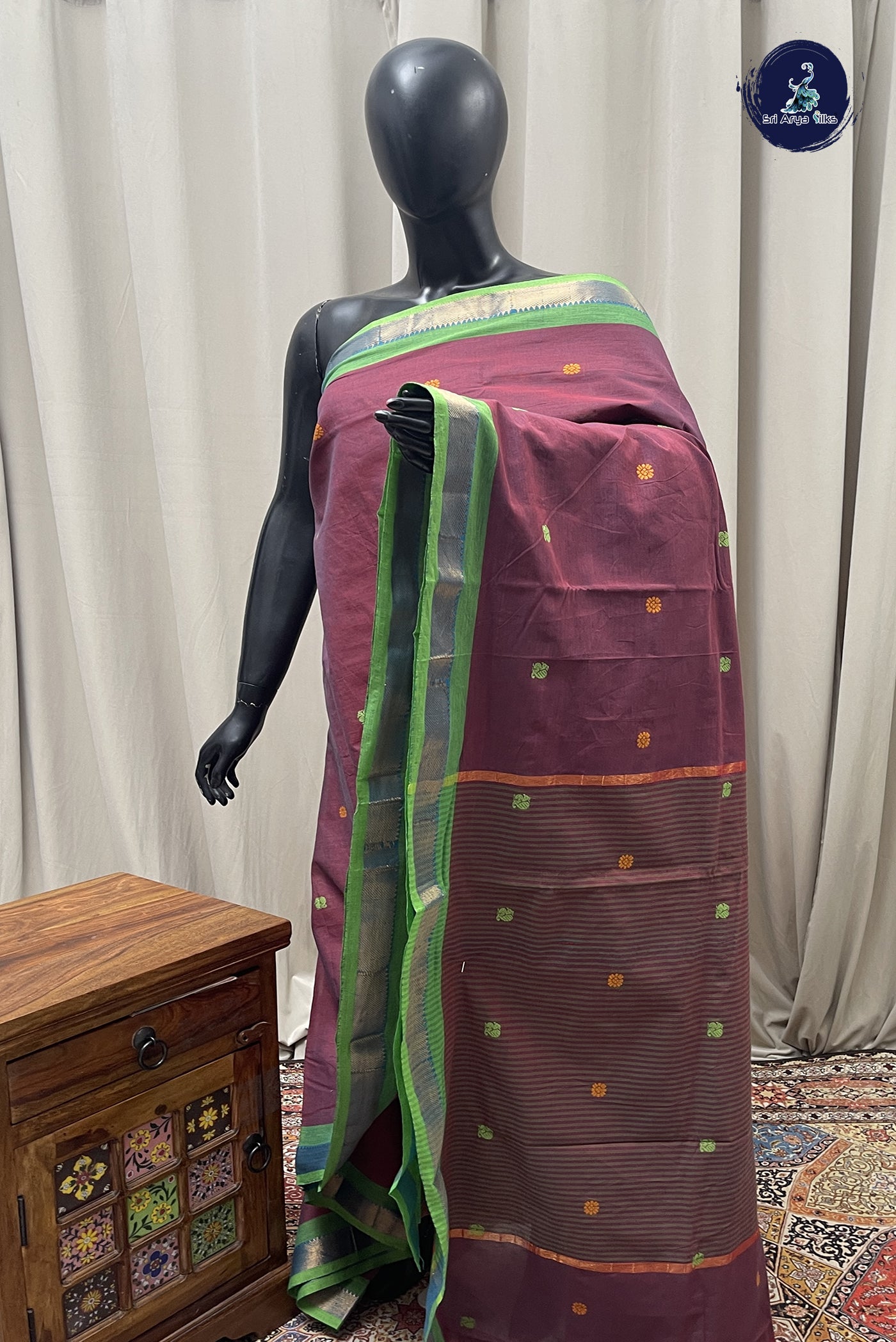 Light Burgundy Kanchi Cotton Saree With Buttas Pattern