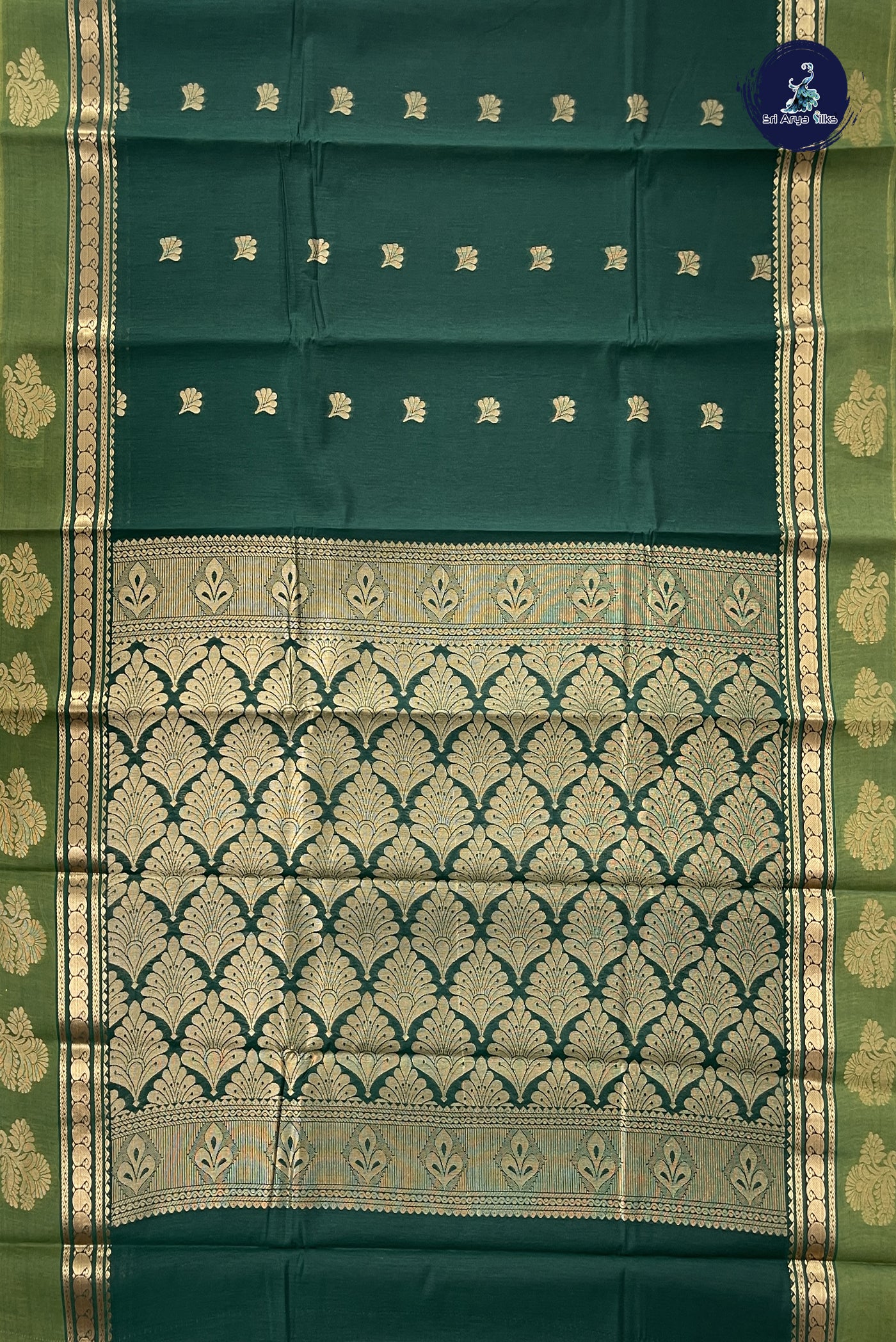 Dark Green Budget Semi Silk Cotton Saree With Zari Buttas Pattern
