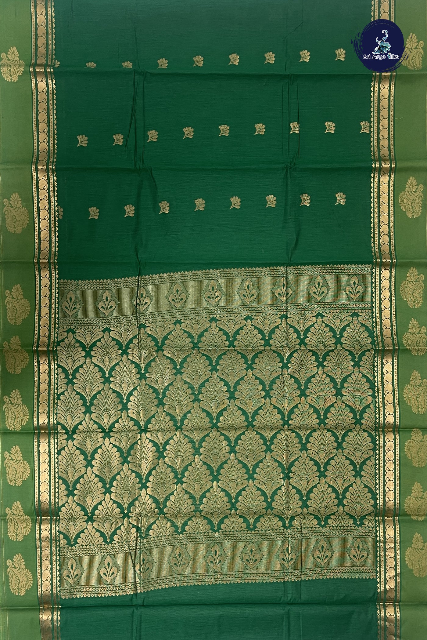 Green Budget Semi Silk Cotton Saree With Zari Buttas Pattern