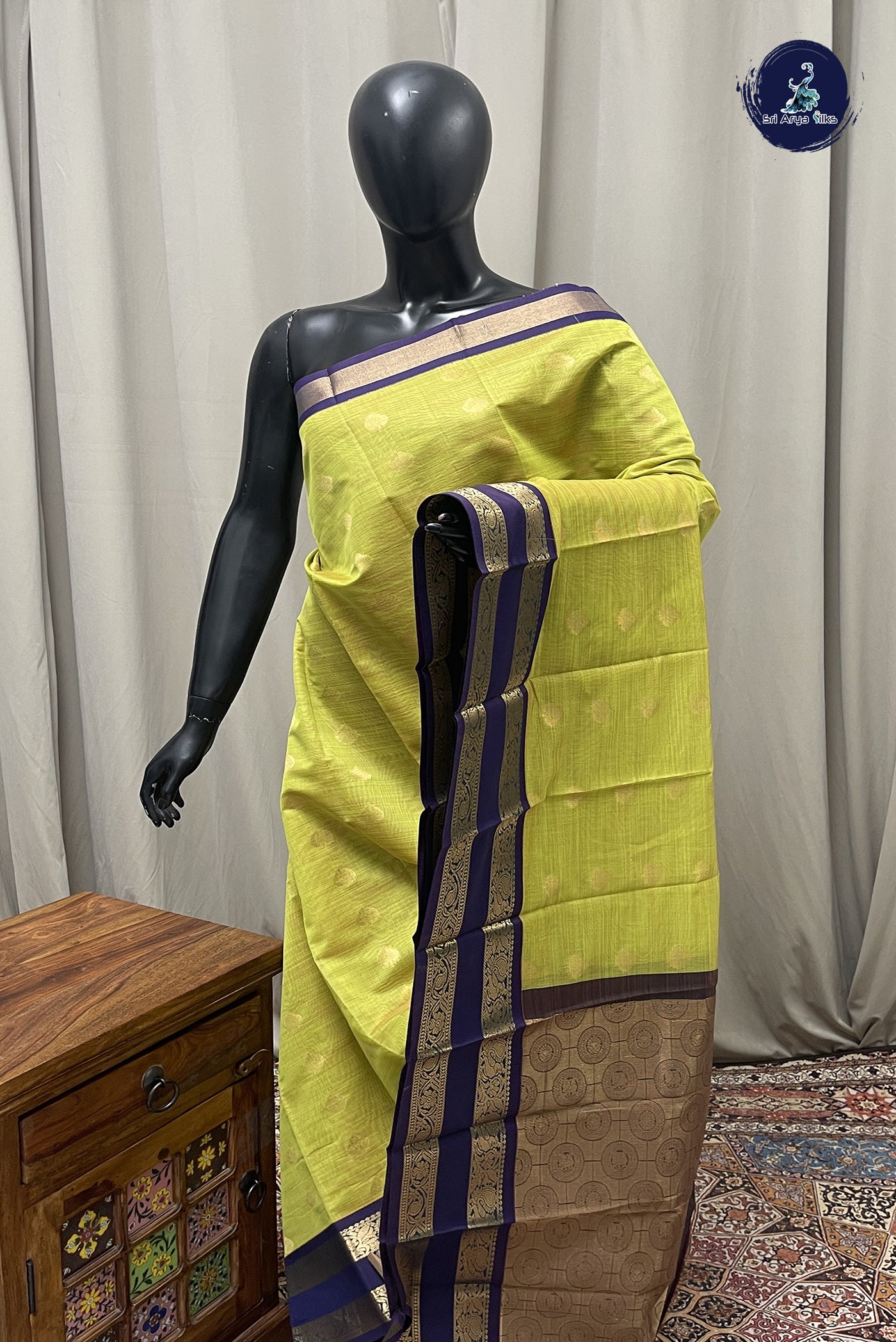Lime Green Budget Semi Silk Cotton Saree With Zari Buttas Pattern