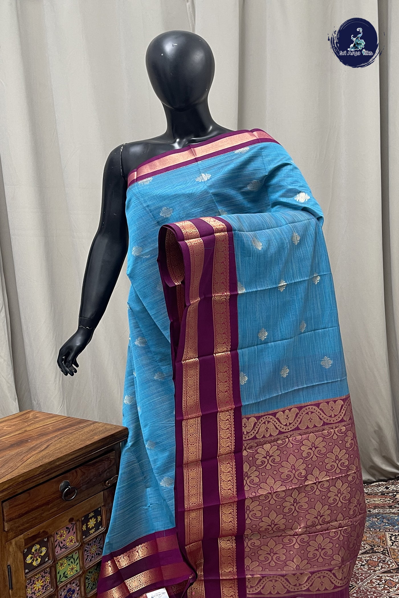 Copper Sulphate Blue Budget Semi Silk Cotton Saree With Zari Buttas Pattern