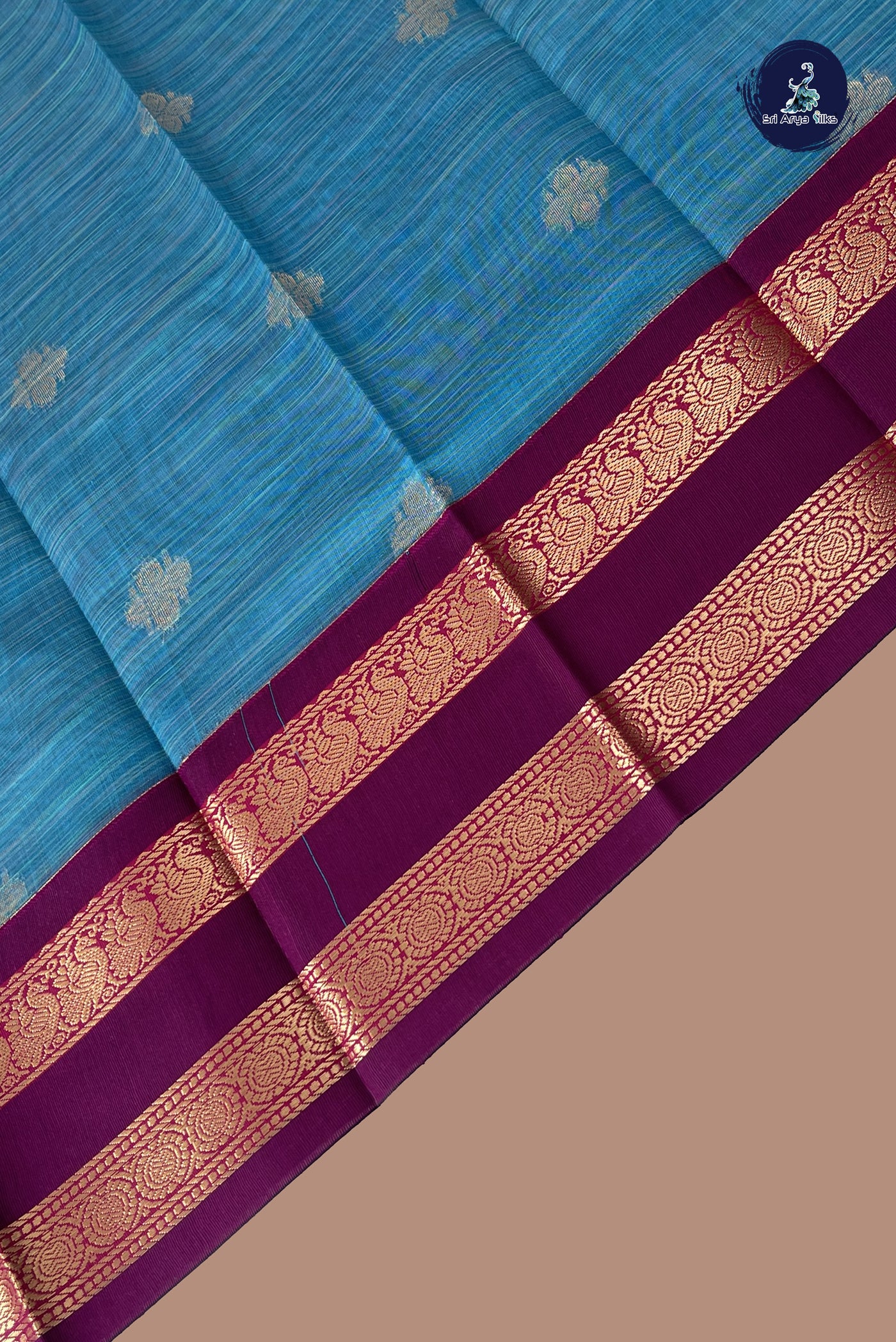 Copper Sulphate Blue Budget Semi Silk Cotton Saree With Zari Buttas Pattern