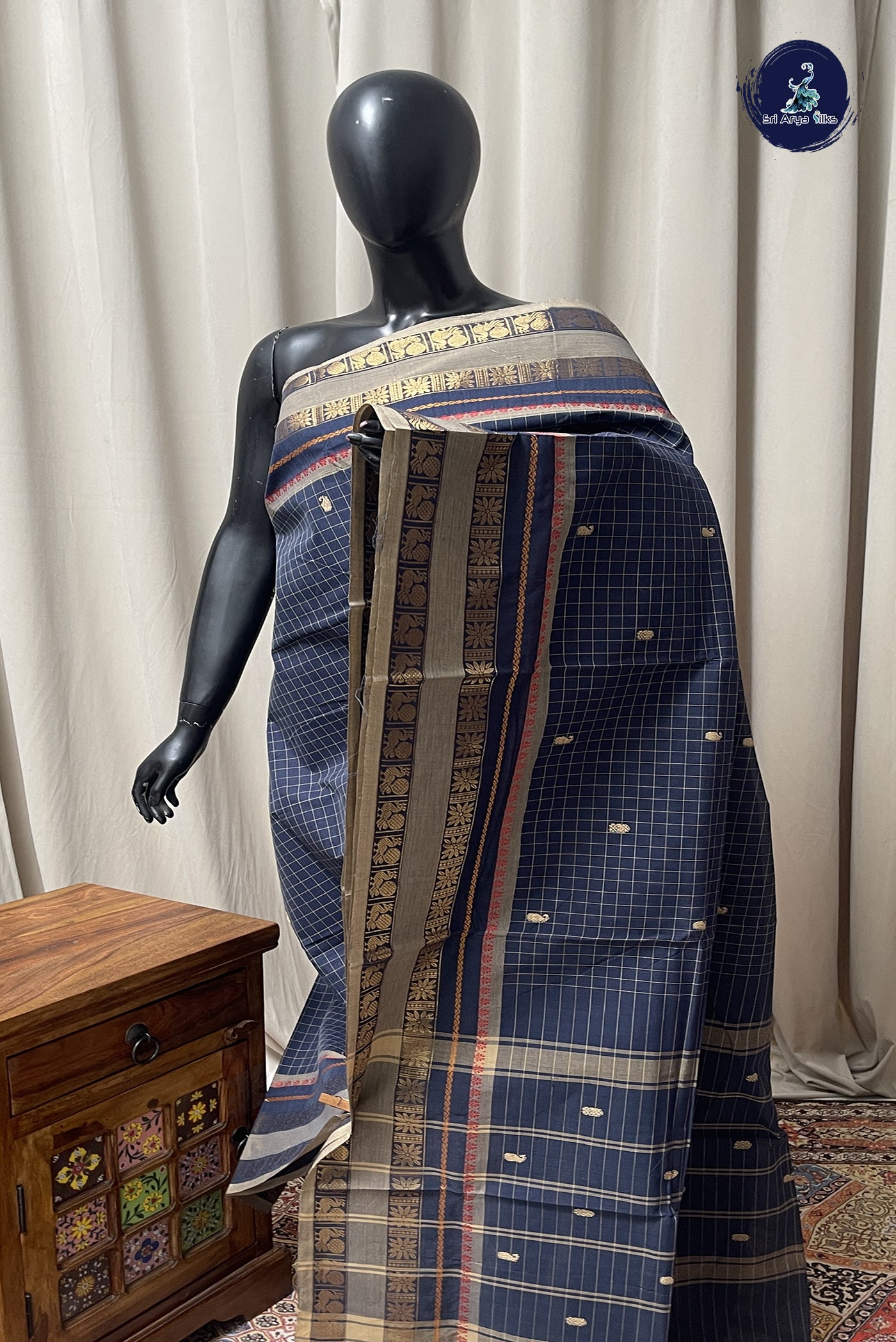 Blue Chettinad Cotton Saree With Checked Pattern