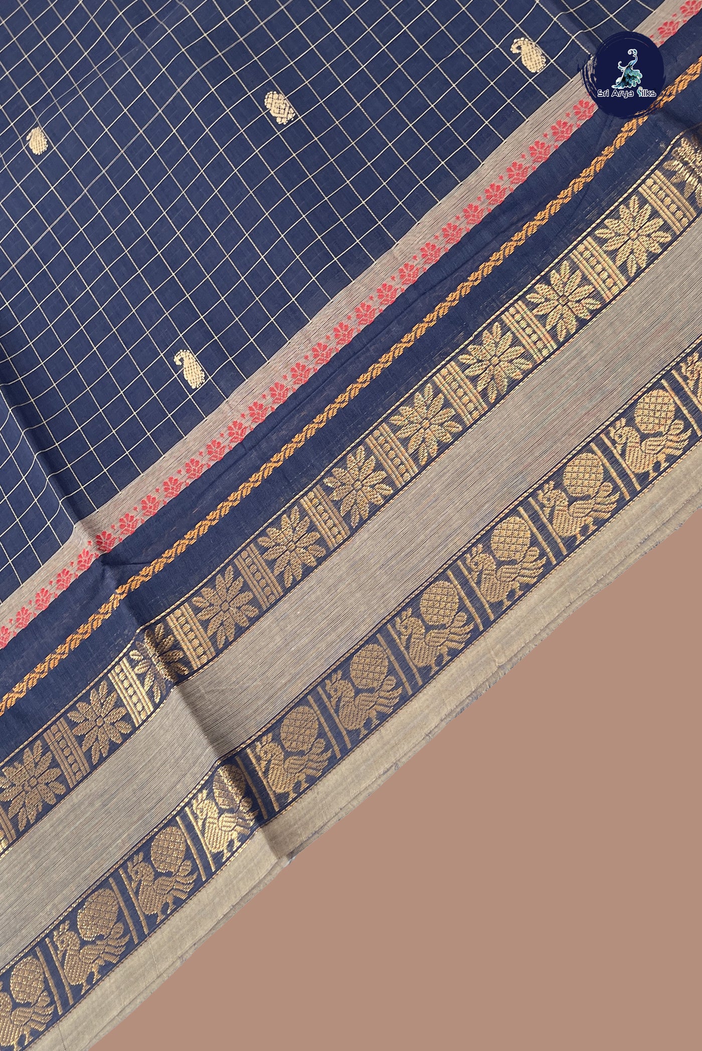 Blue Chettinad Cotton Saree With Checked Pattern