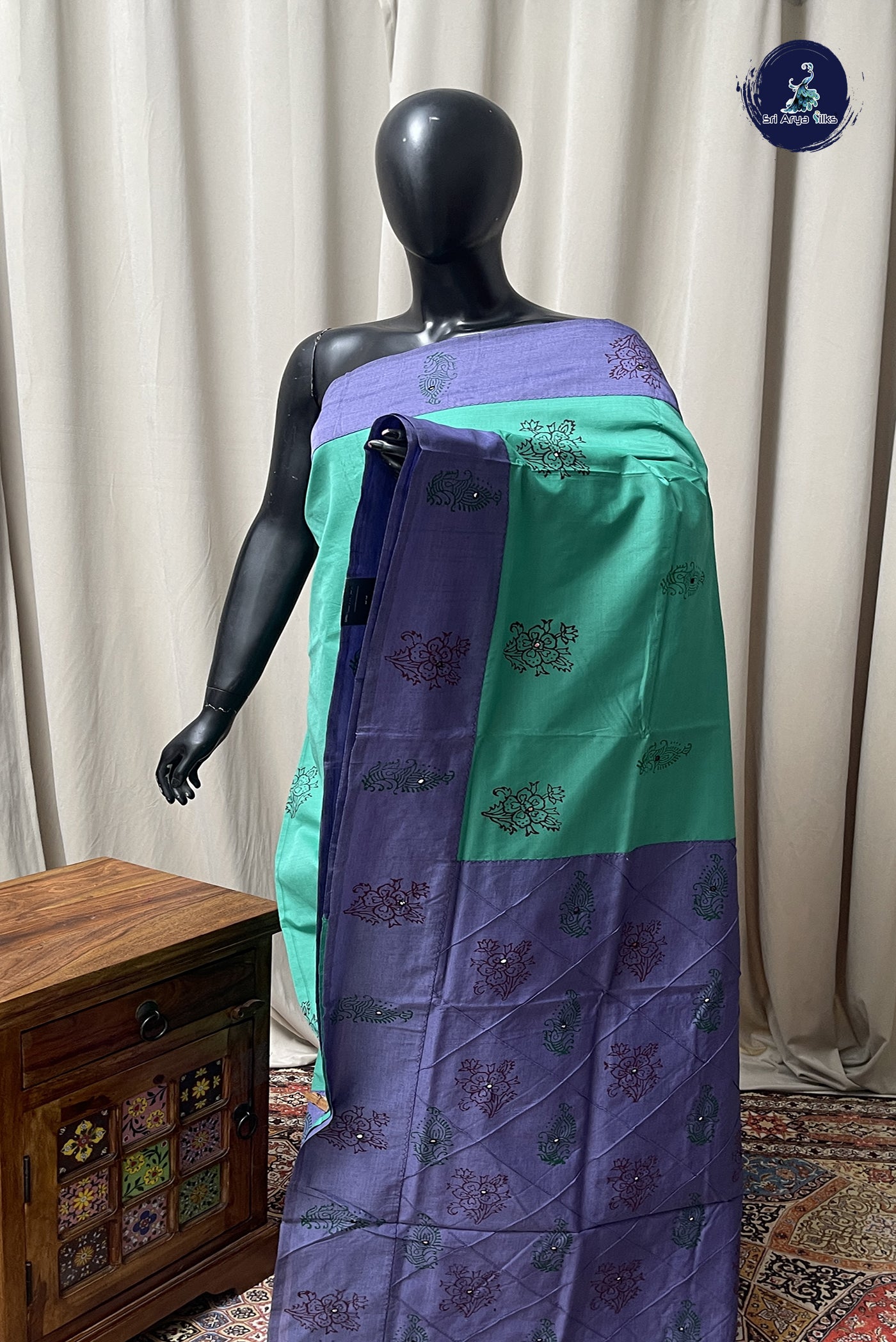 Teal Cotton Saree With Printed Pattern