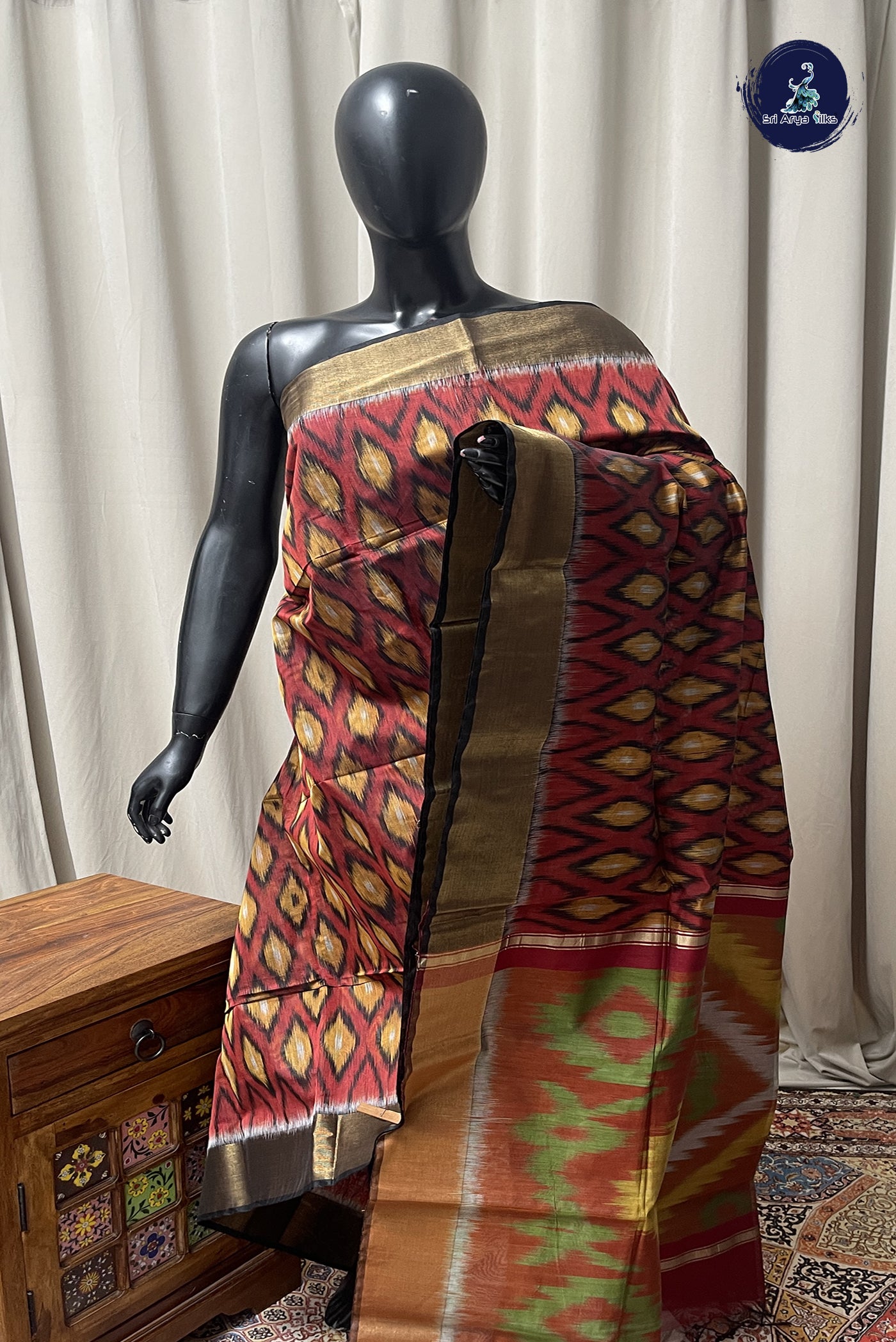 Maroon Chanderi Silk Cotton Saree With Ikat Pattern