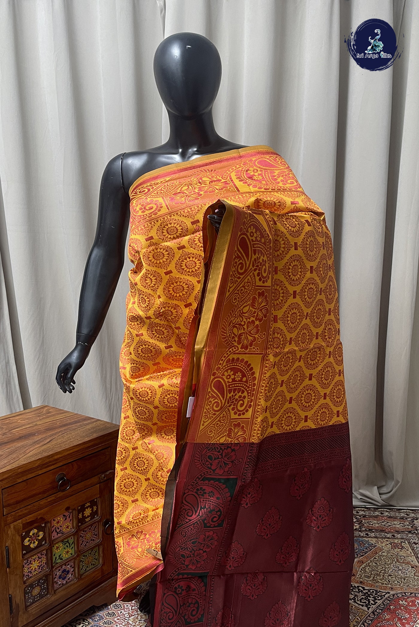 Yellow Semi Banarasi Saree With Embossed Pattern