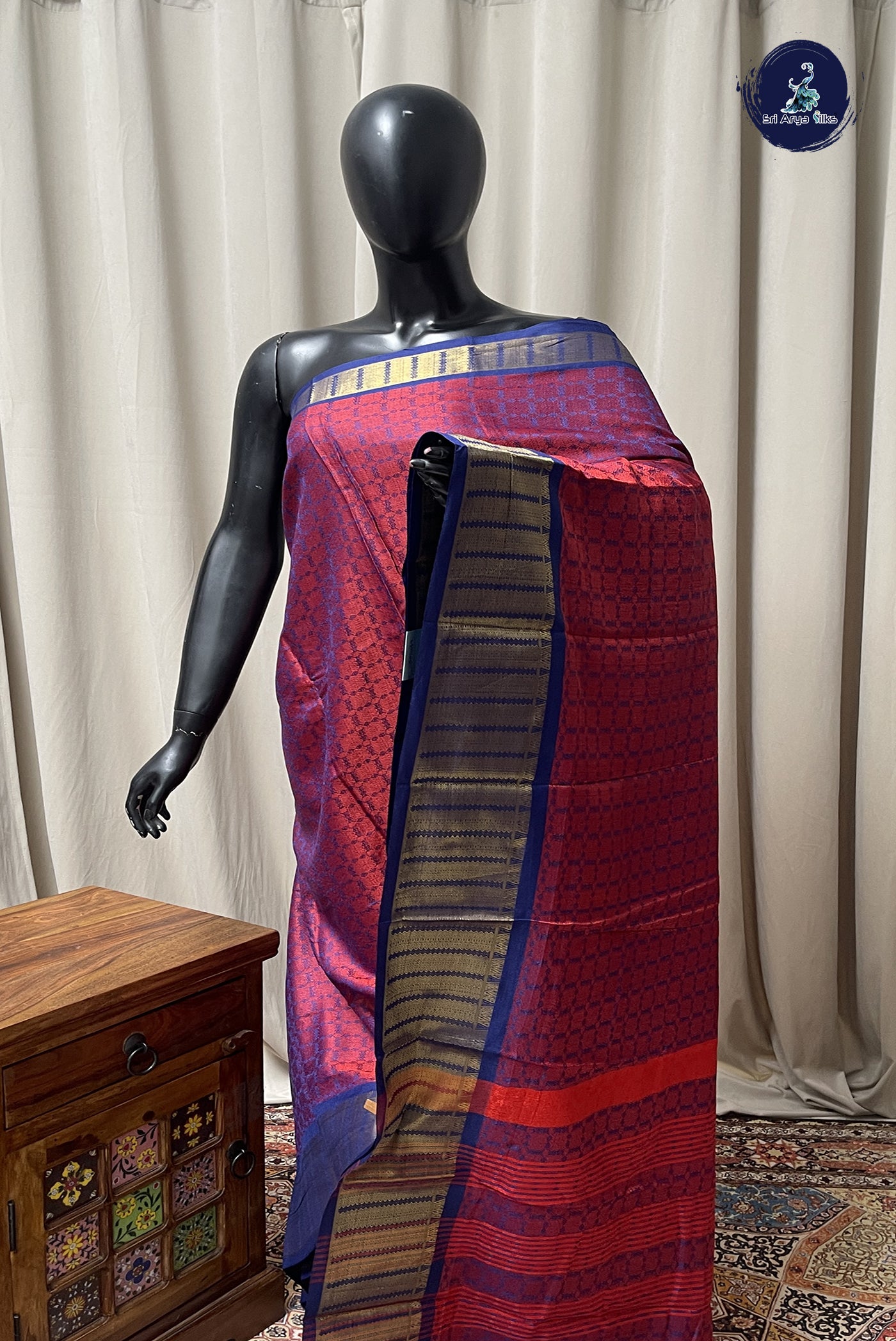 Dark Blue Semi Banarasi Saree With Embossed Pattern