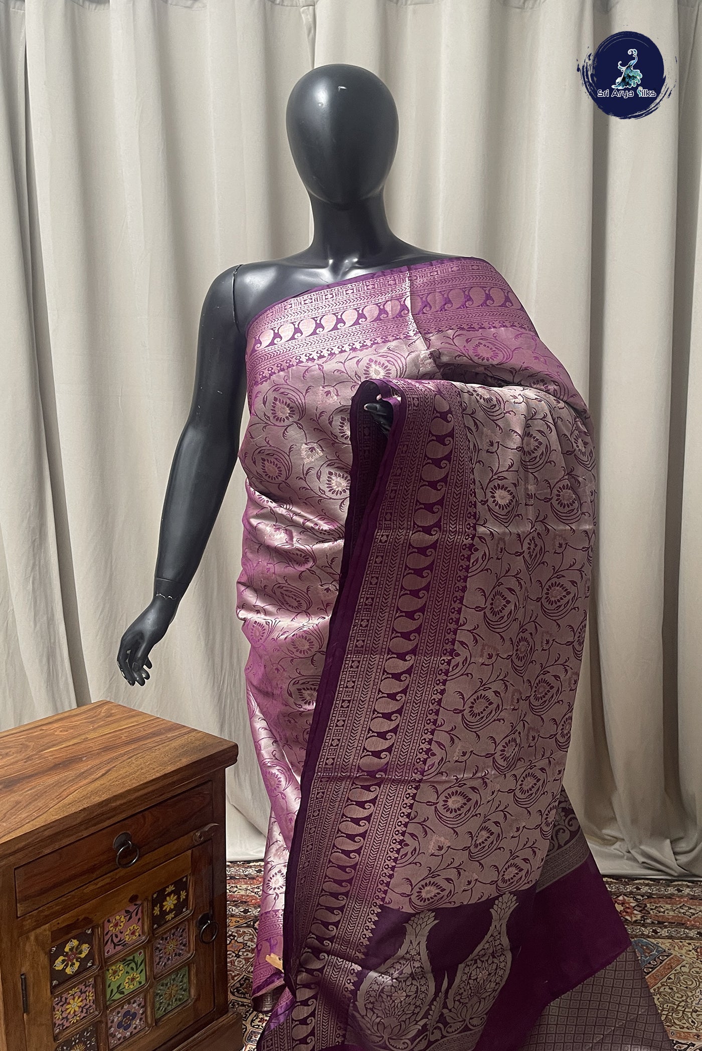 Purple Semi Banarasi Saree With Zari Woven Pattern