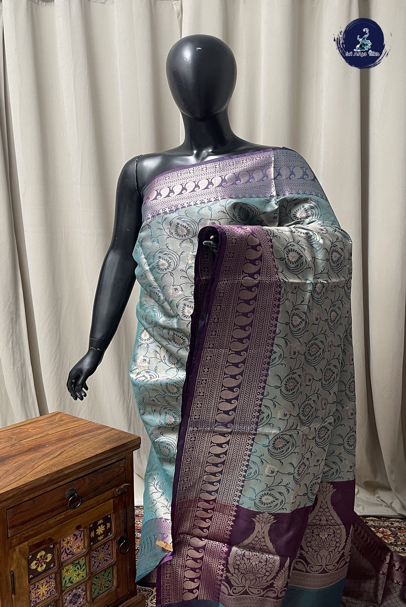 Teal Semi Banarasi Saree With Zari Woven Pattern