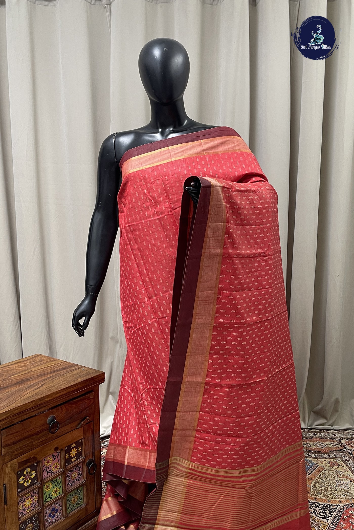 Red Semi Tussar Saree With Printed Pattern