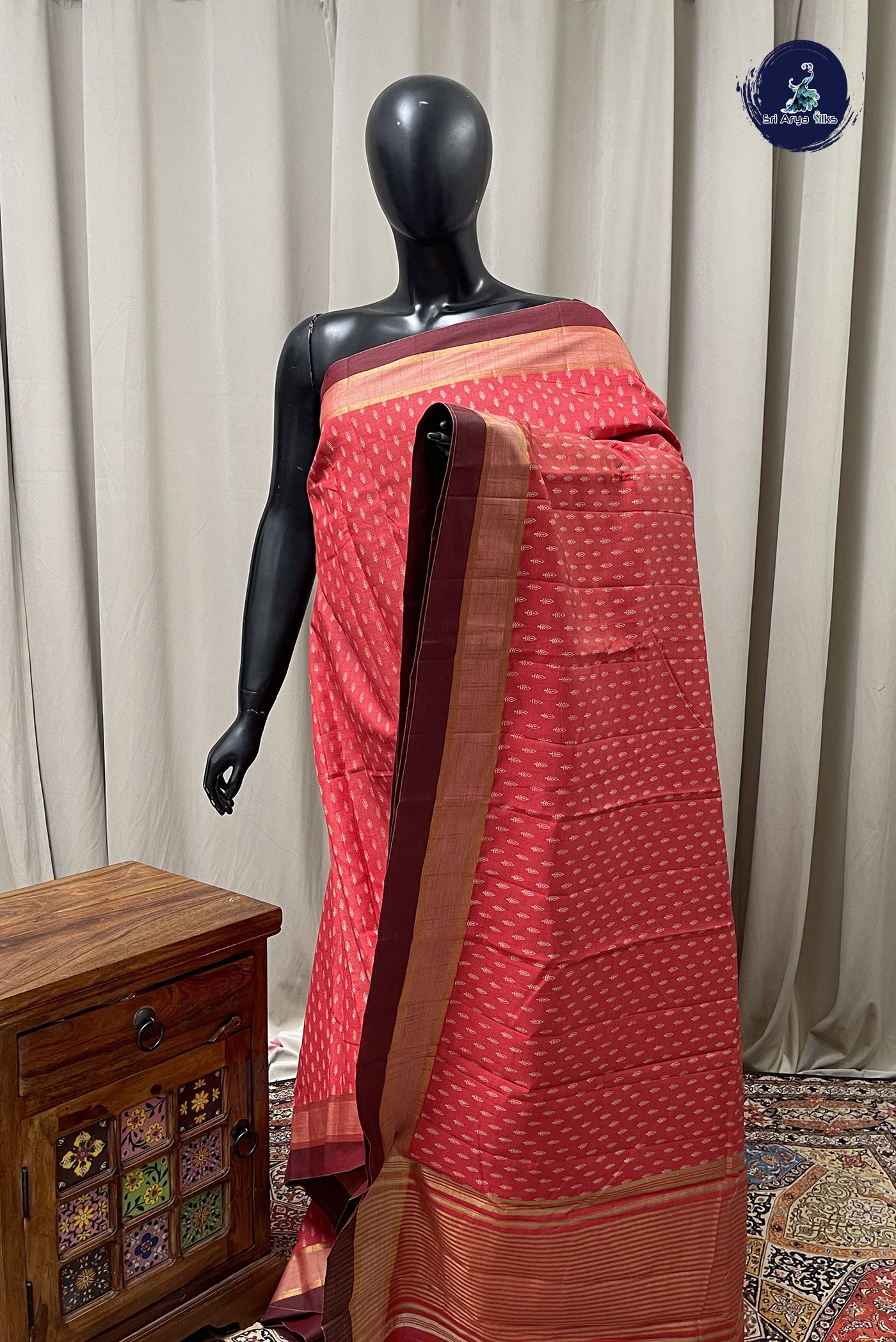 Red Semi Tussar Saree With Printed Pattern