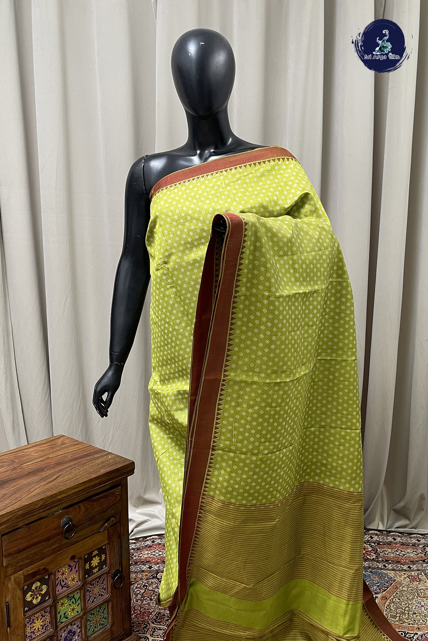 Lime Green Semi Tussar Saree With Printed Pattern