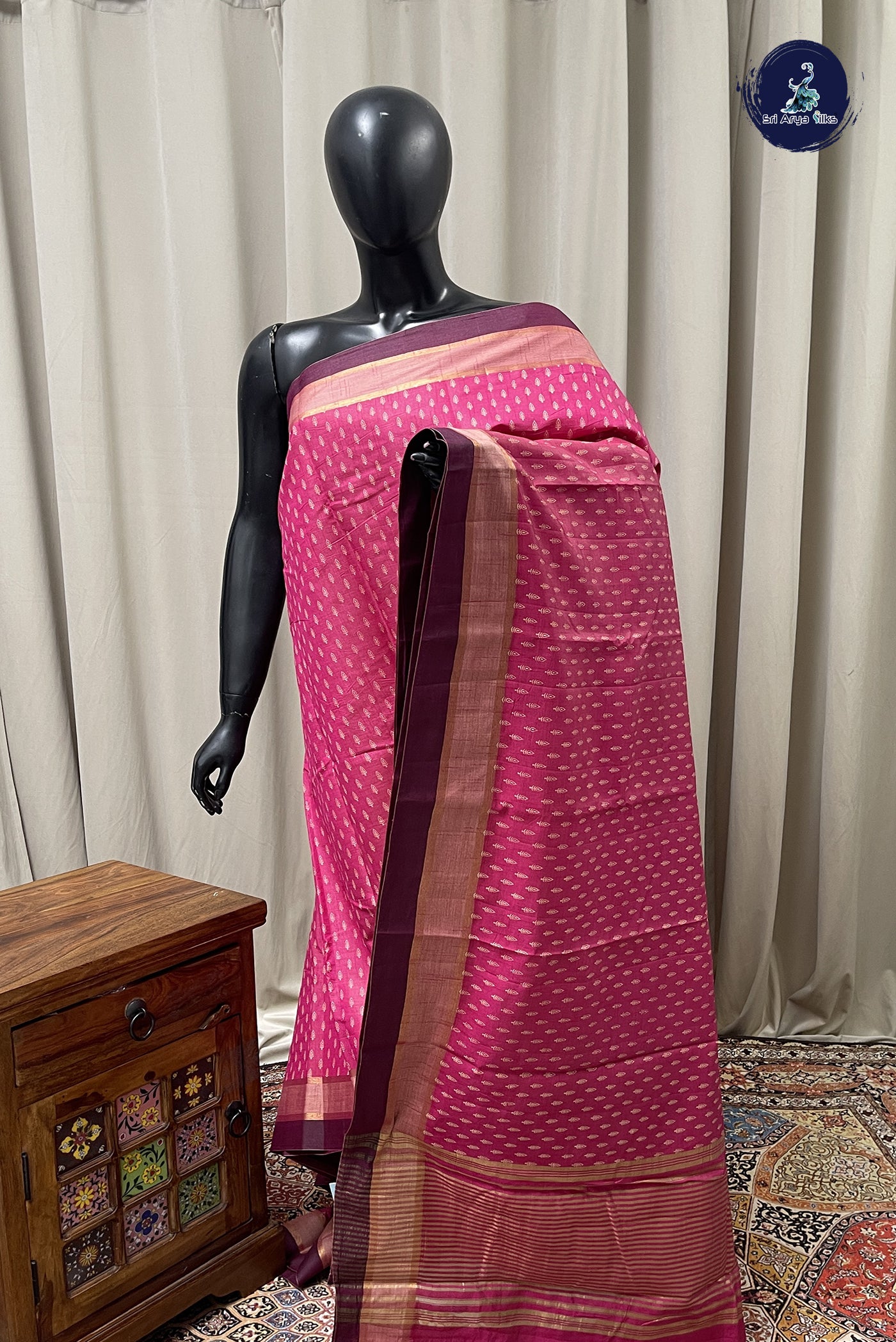 Dark Pink Semi Tussar Saree With Printed Pattern