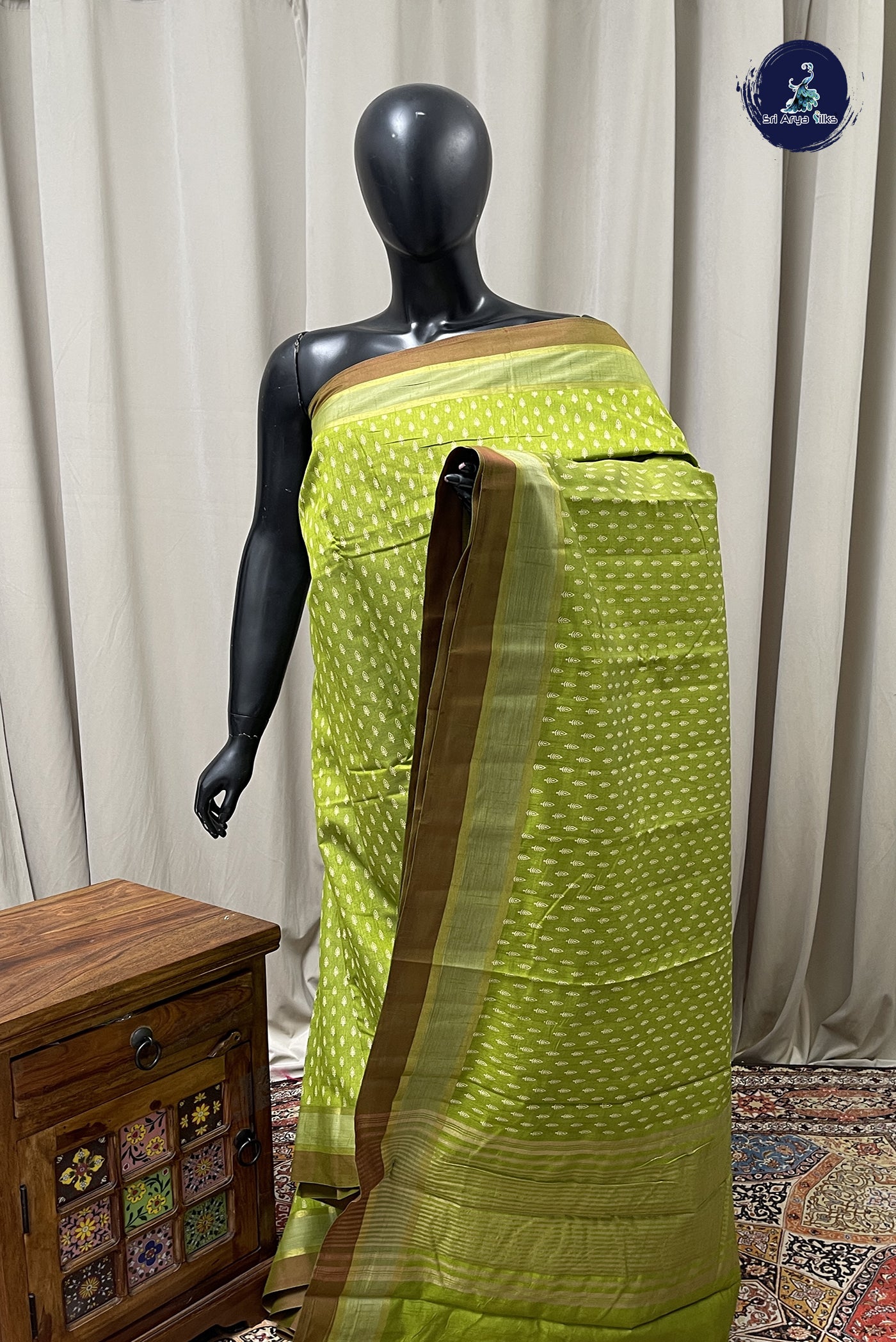 Lime Green Semi Tussar Saree With Printed Pattern