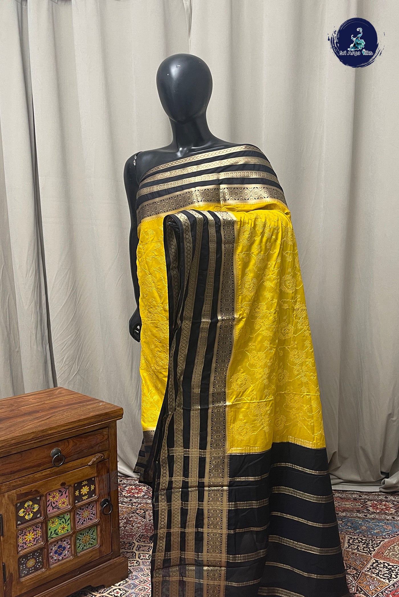 Mustard Yellow Semi Mysore Silk With Thread Work Pattern