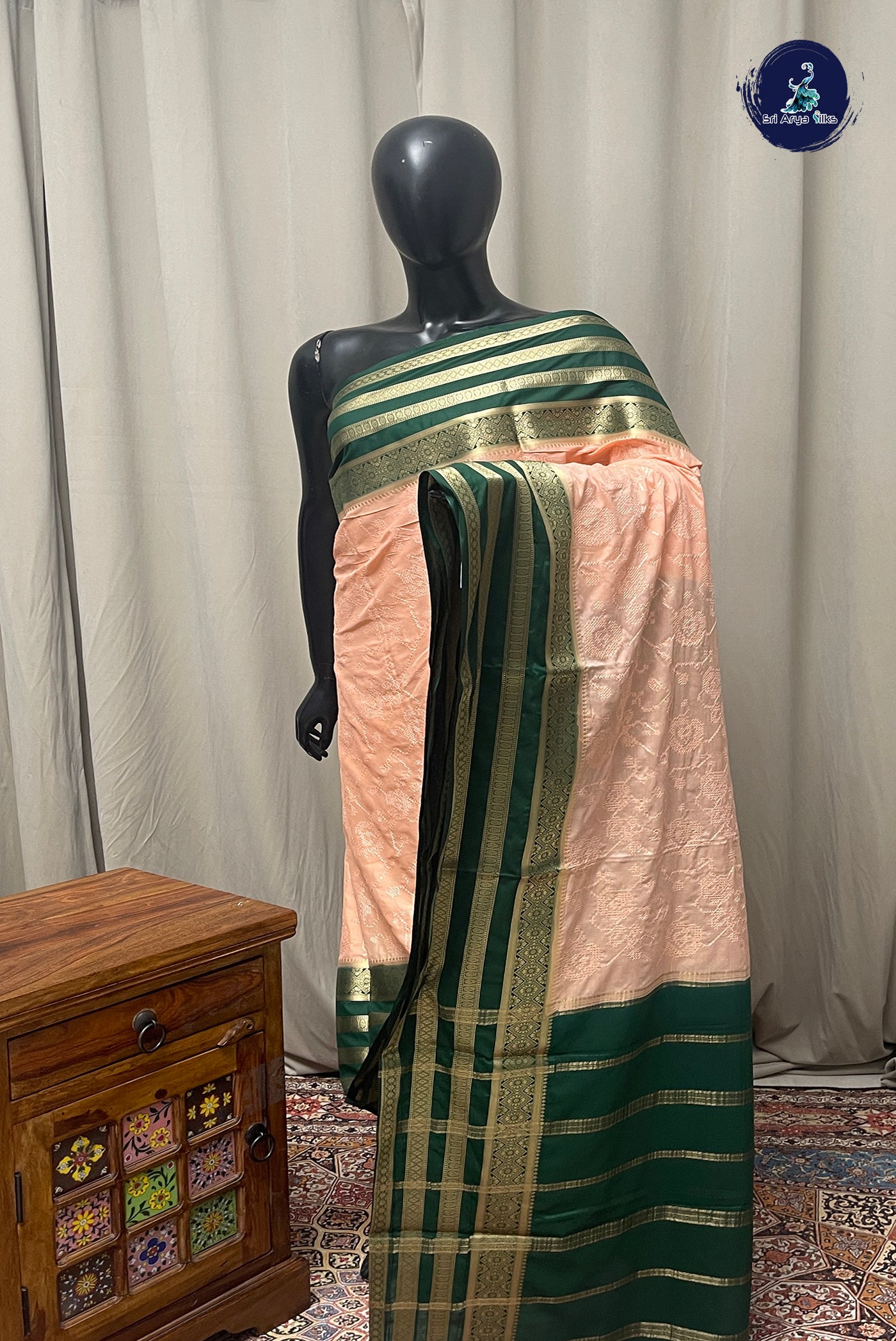 Peach Semi Mysore Silk With Thread Work Pattern