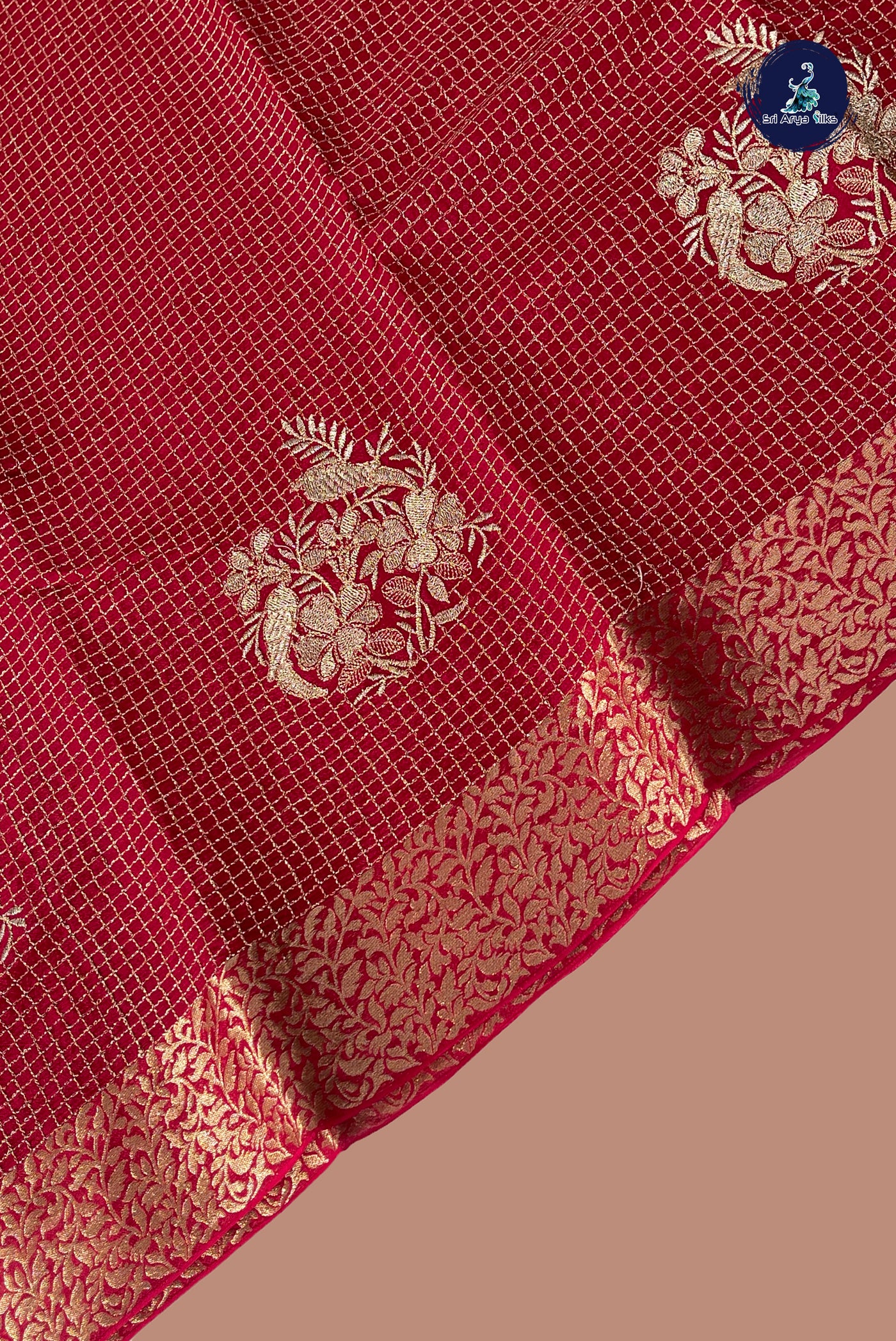Red Georgette Banarasi Saree With Zari Checked Pattern