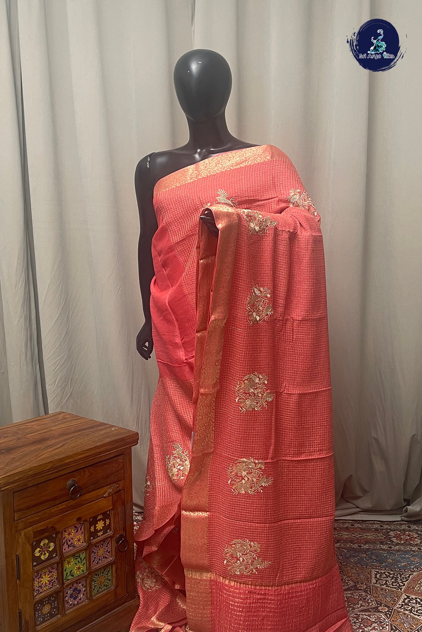Peach Pink Georgette Banarasi Saree With Zari Checked Pattern