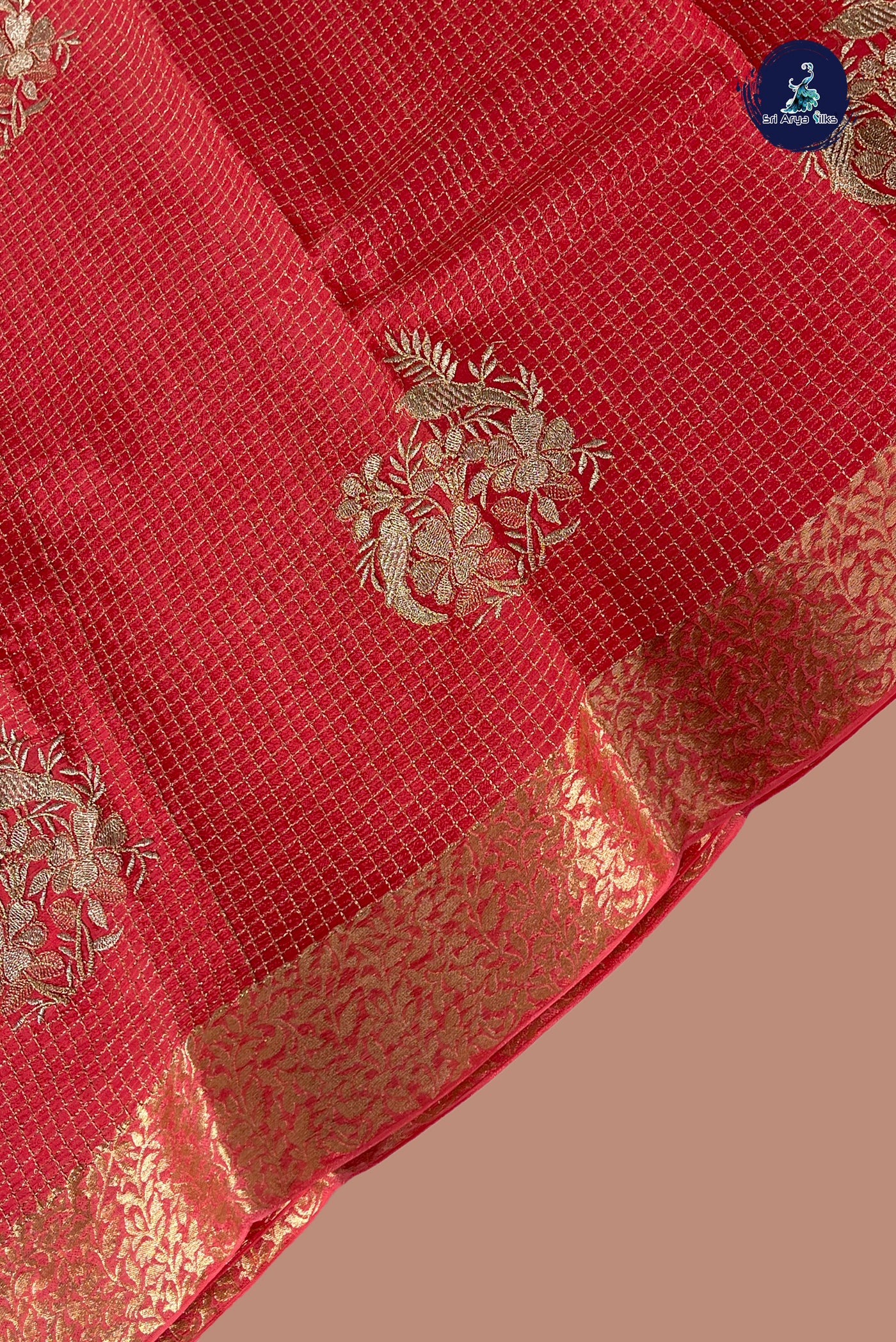 Peach Pink Georgette Banarasi Saree With Zari Checked Pattern