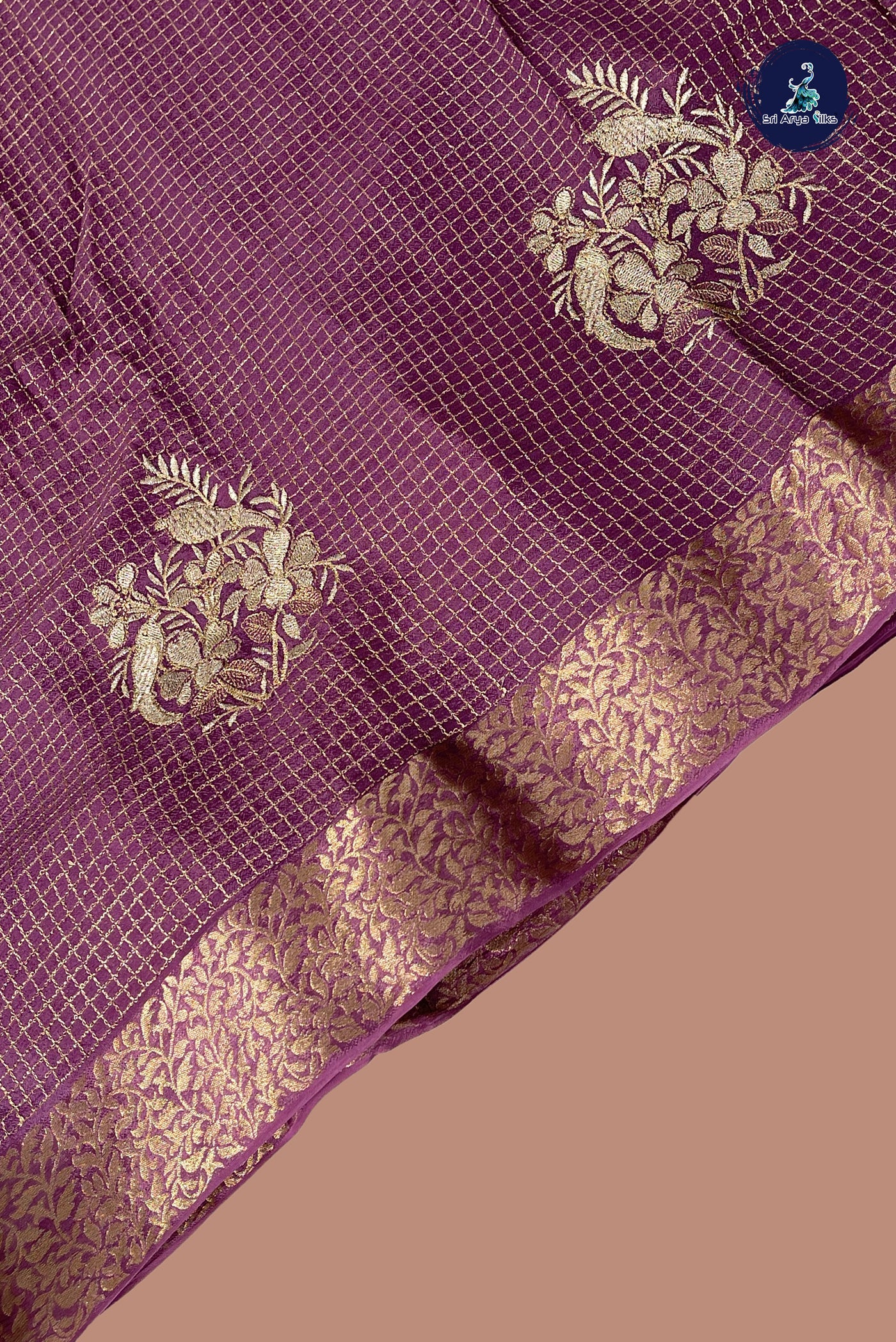 Lavender Georgette Banarasi Saree With Zari Checked Pattern