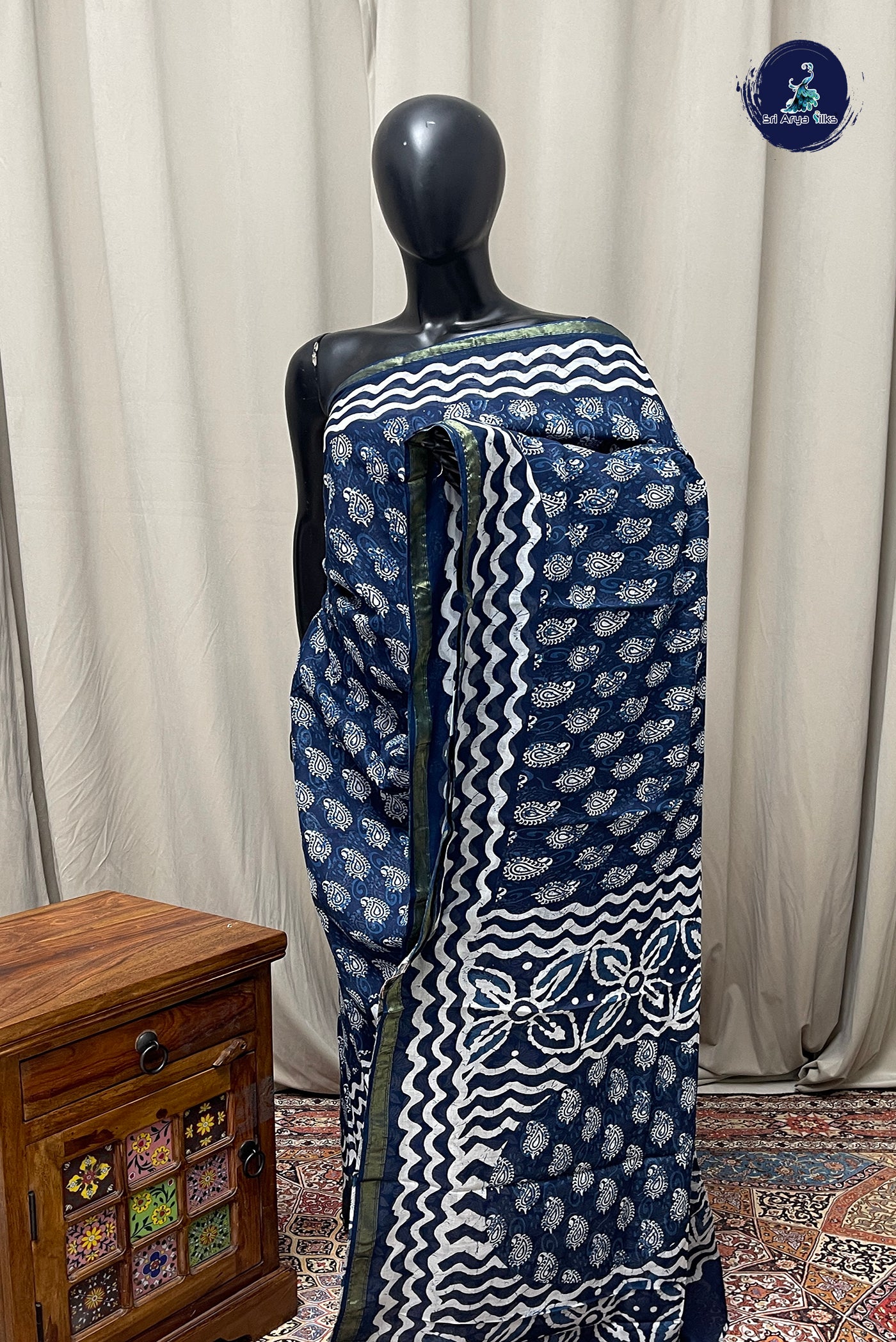 Blue Cotton Saree With Printed Pattern