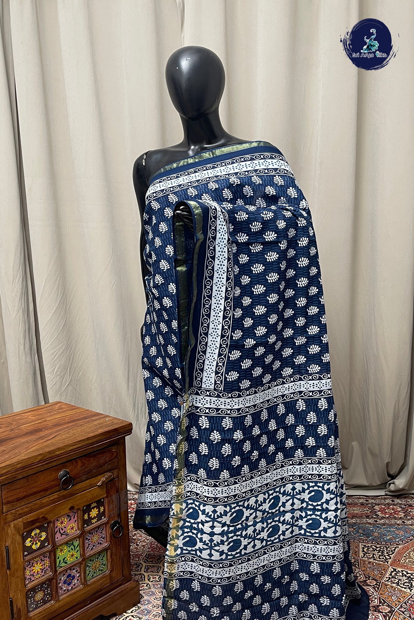 Blue Cotton Saree With Printed Pattern