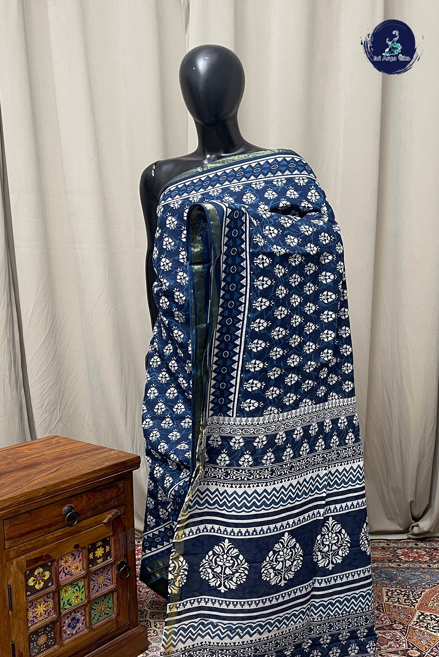 Blue Cotton Saree With Printed Pattern