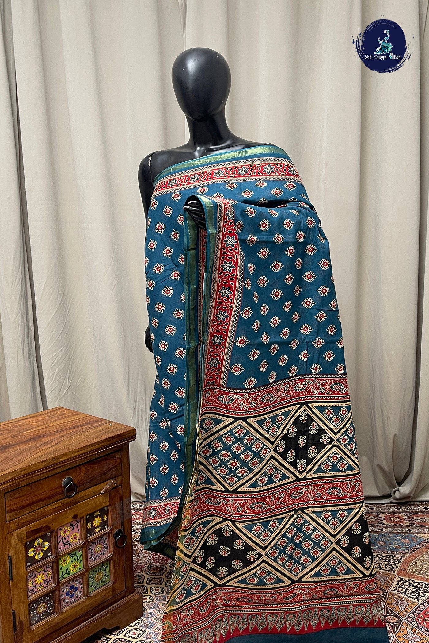 Blue Cotton Saree With Printed Pattern
