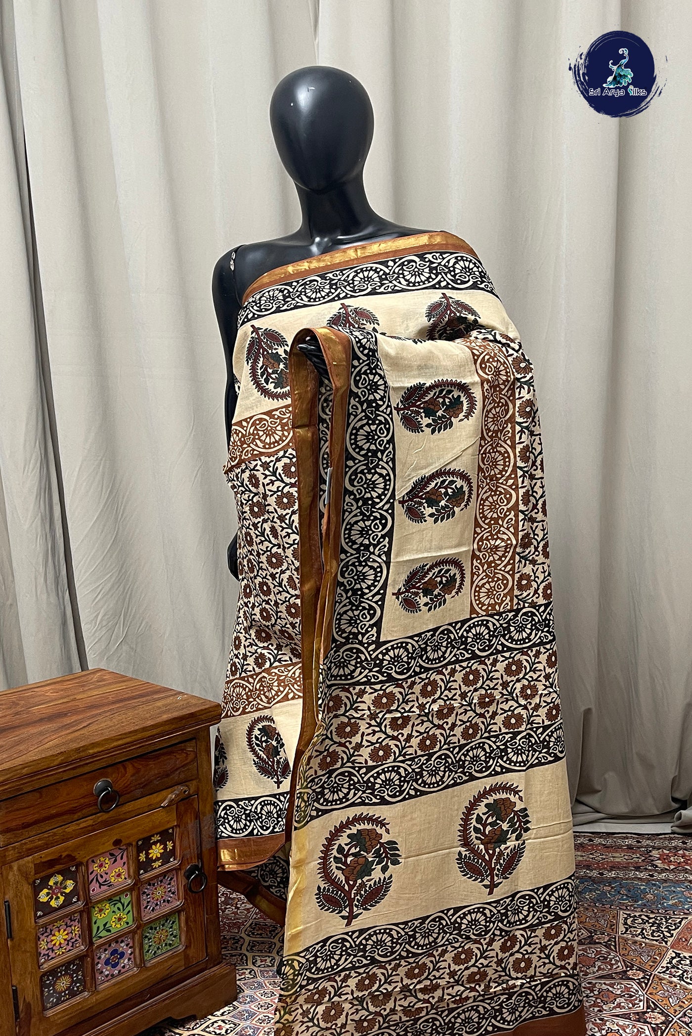 Fawn Cotton Saree With Printed Pattern