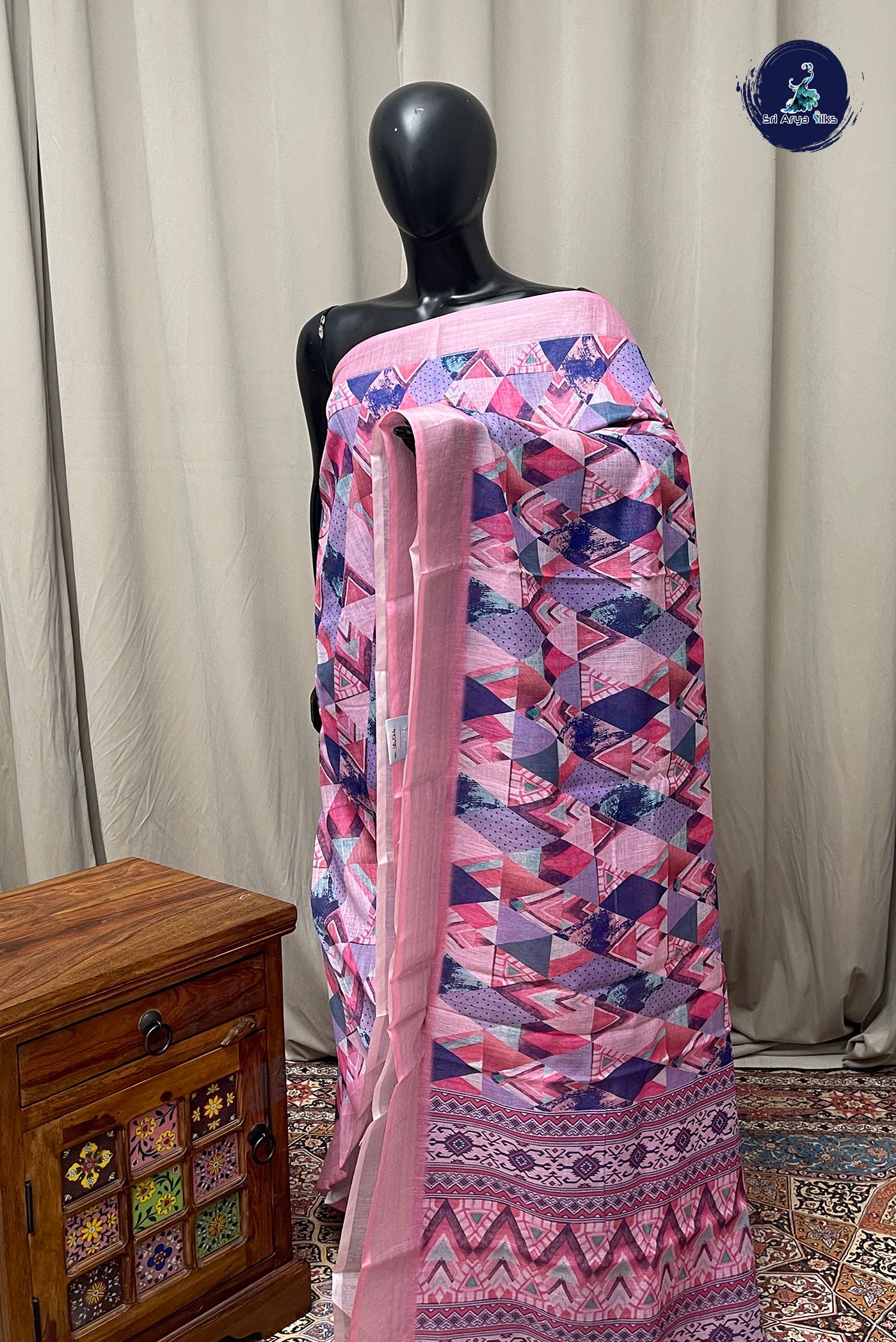 Multi Colour Linen Saree With Printed Pattern