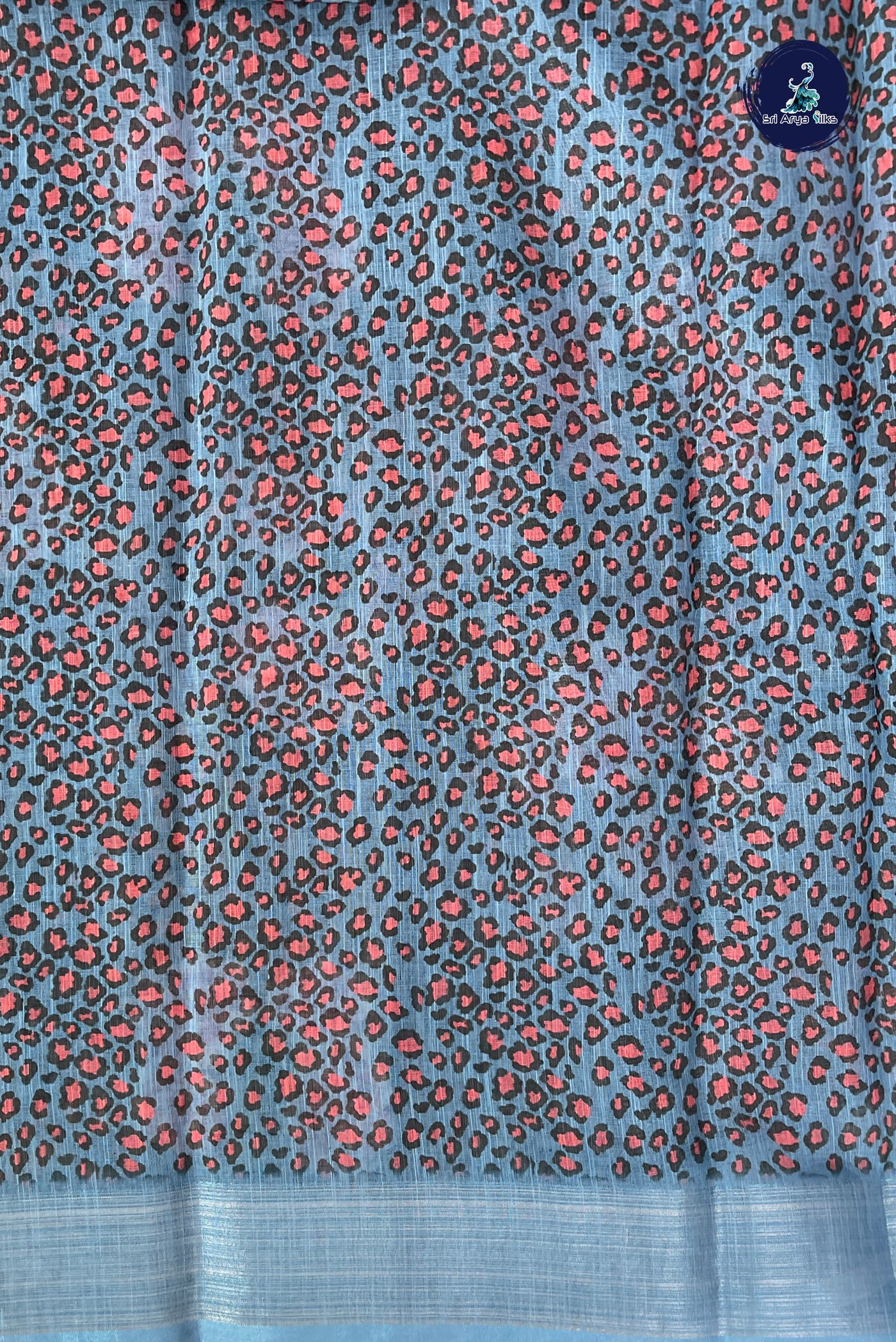 Blue Linen Saree With Printed Pattern